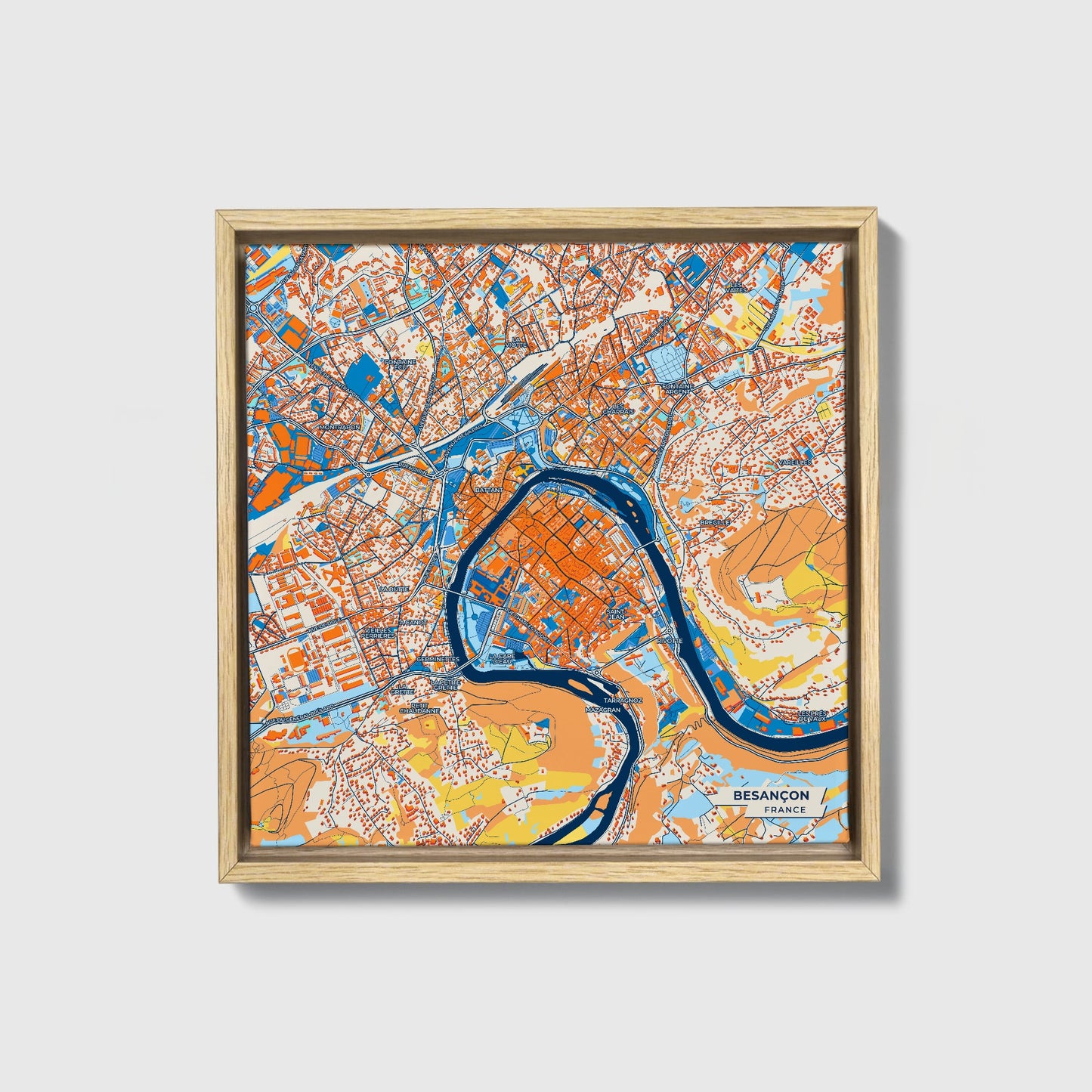 Besançon France Colorful City Map Canvas Print • Natural Wooden Framed