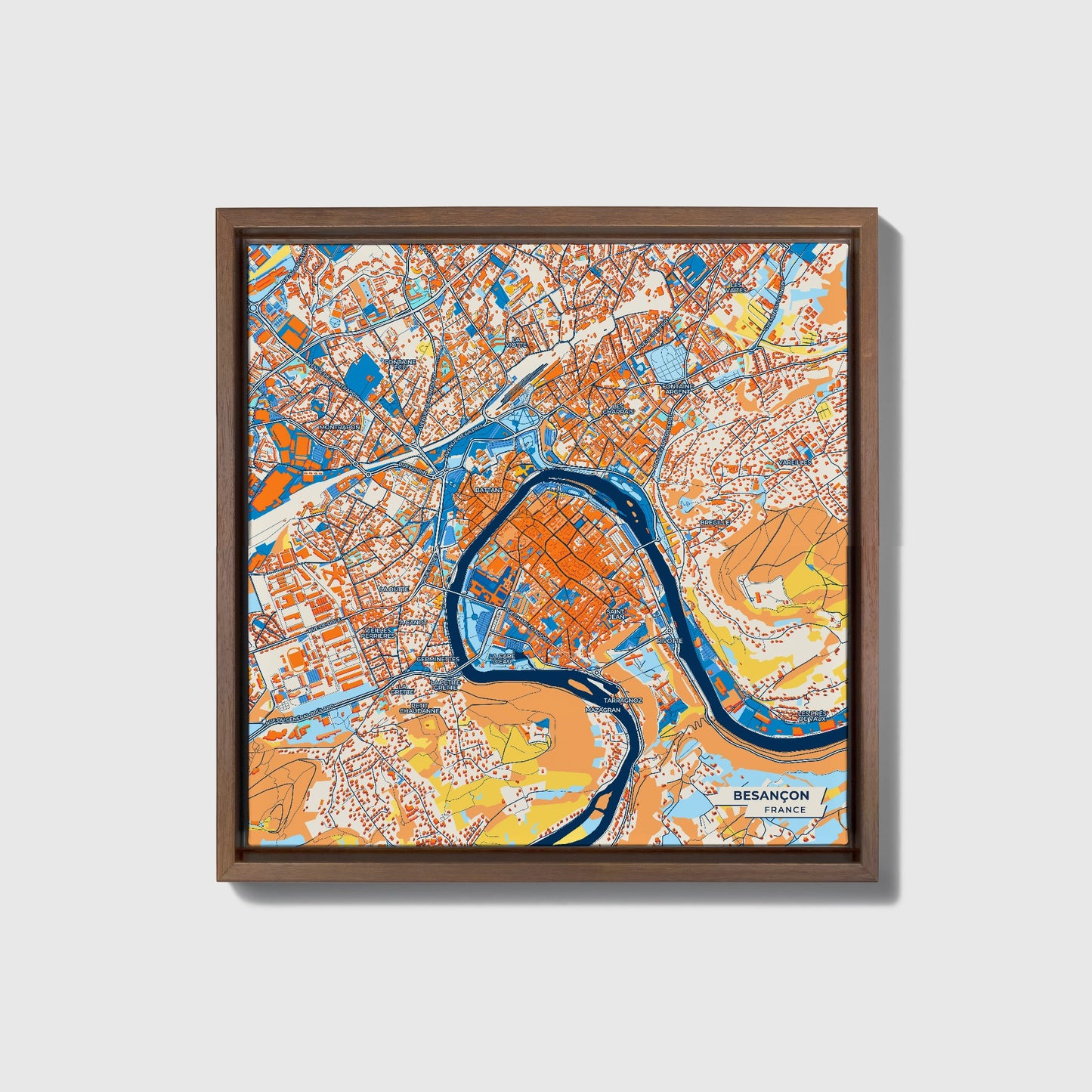 Besançon France Colorful City Map Canvas Print • Dark Wooden Framed
