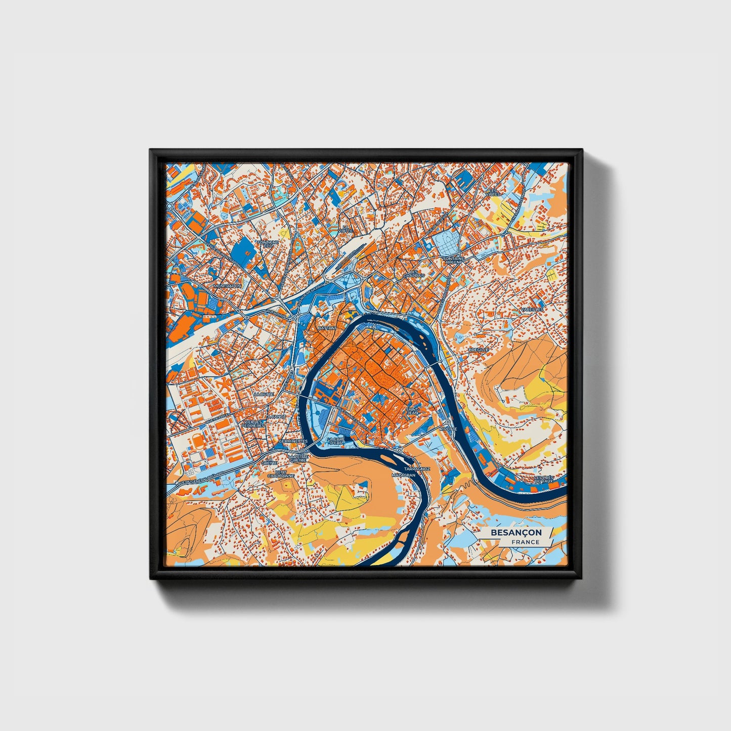 Besançon France Colorful City Map Canvas Print • Black Framed