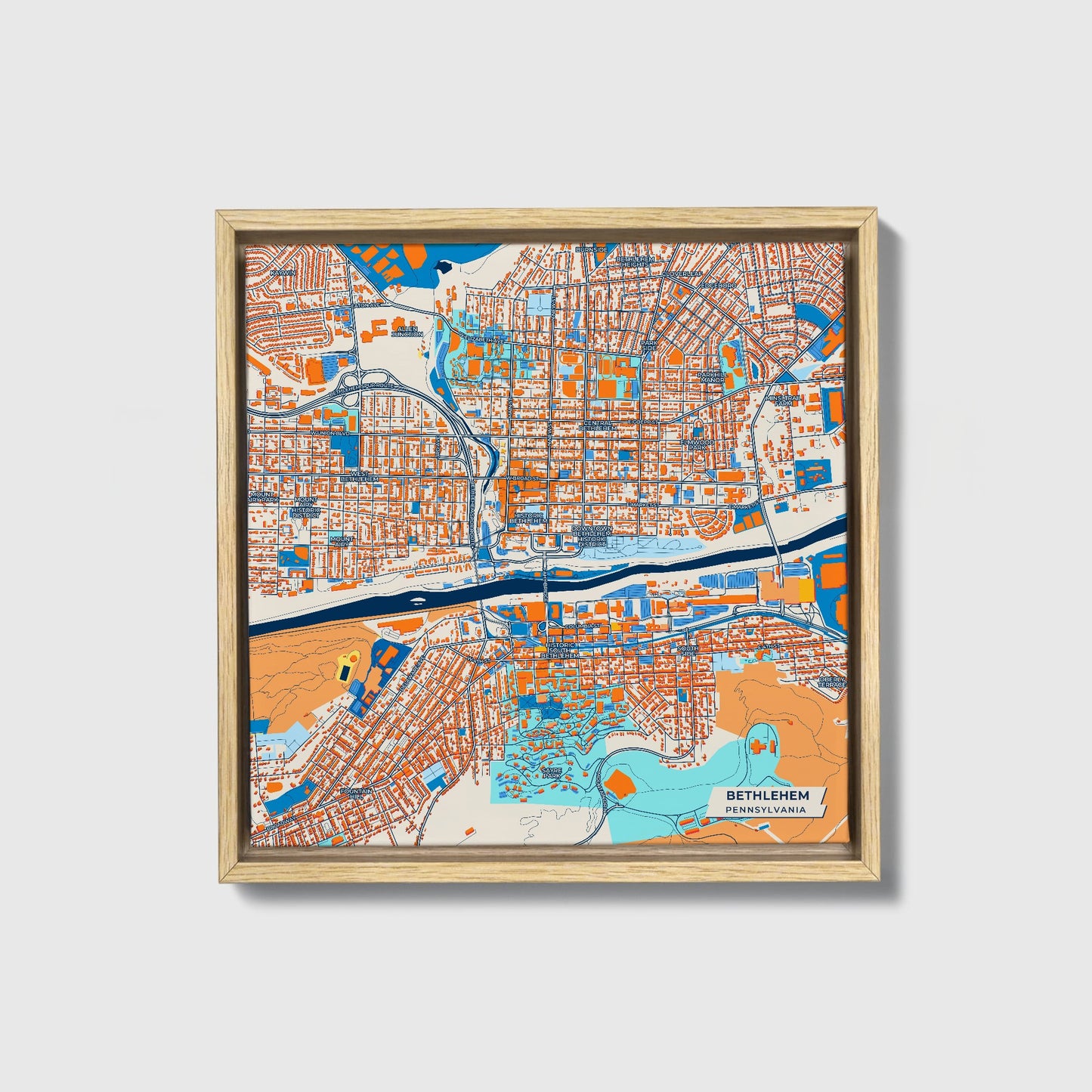 Bethlehem Pennsylvania Colorful City Map Canvas Print • Natural Wooden Framed