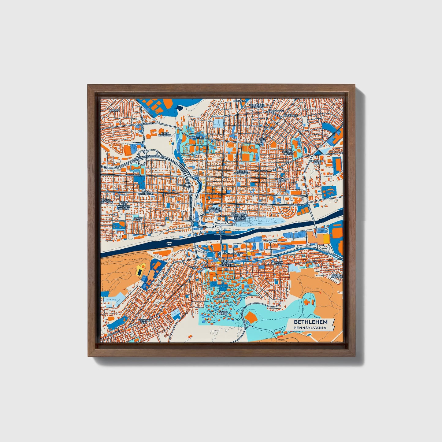 Bethlehem Pennsylvania Colorful City Map Canvas Print • Dark Wooden Framed