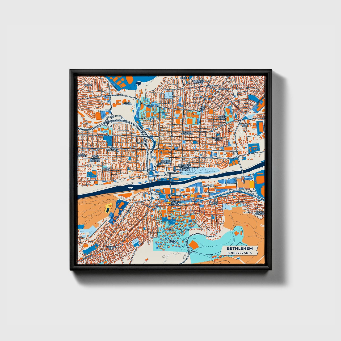 Bethlehem Pennsylvania Colorful City Map Canvas Print • Black Framed