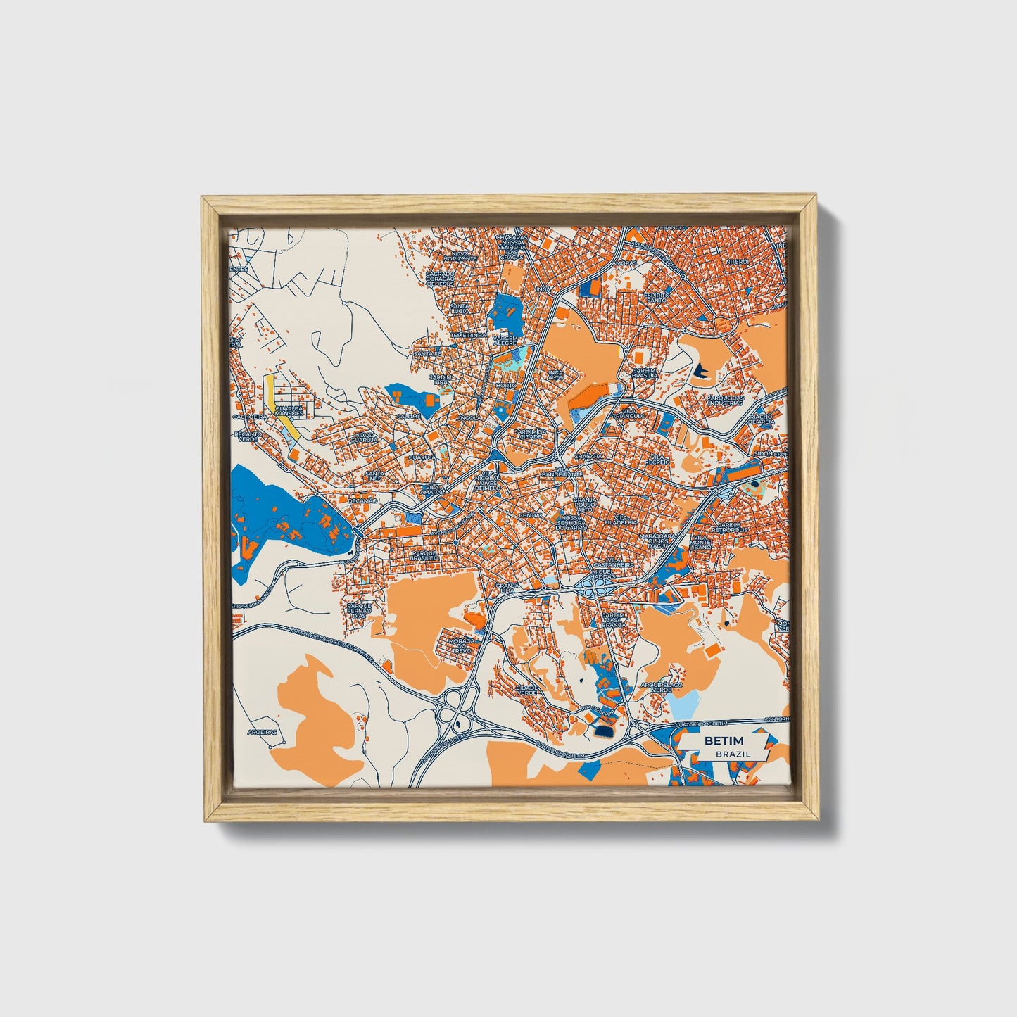 Betim Brazil Colorful City Map Canvas Print • Natural Wooden Framed