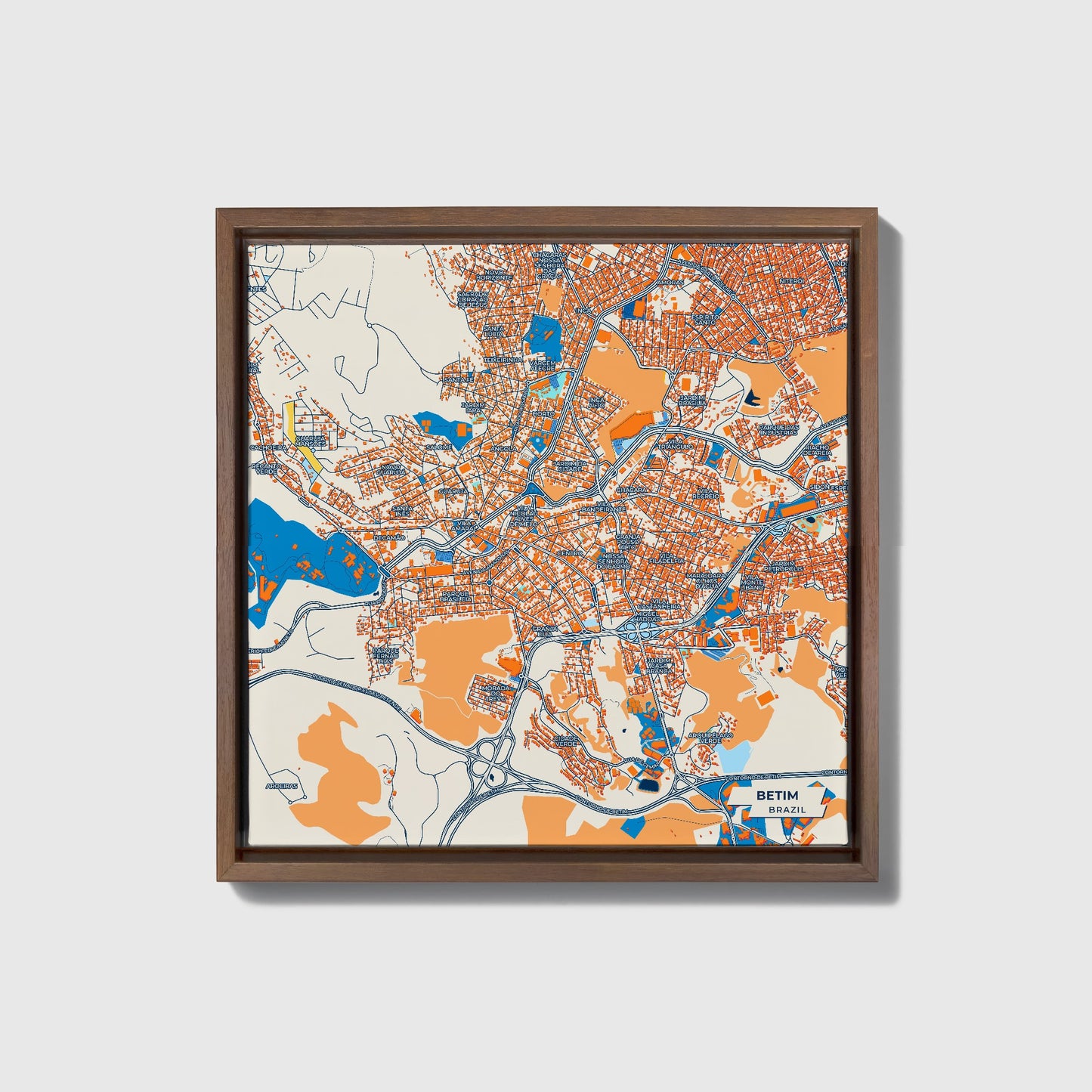 Betim Brazil Colorful City Map Canvas Print • Dark Wooden Framed