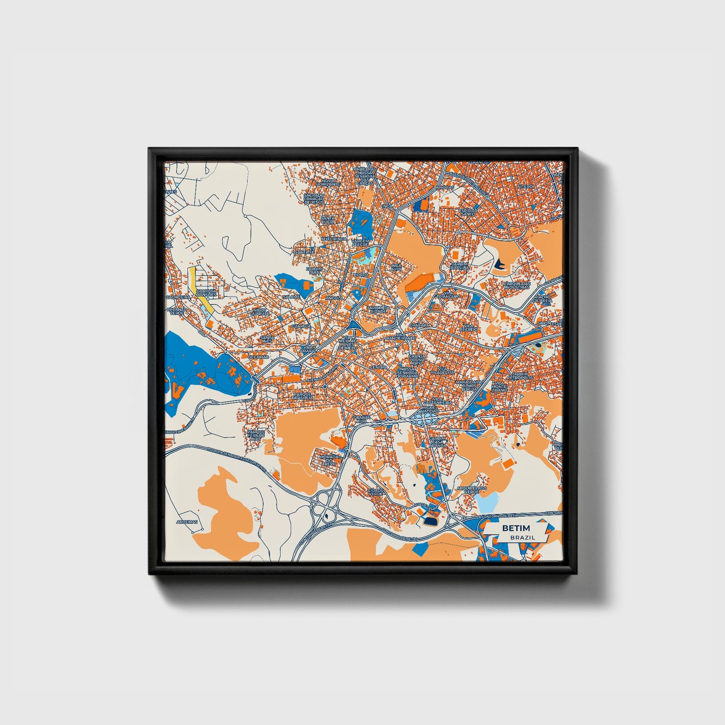 Betim Brazil Colorful City Map Canvas Print • Black Framed