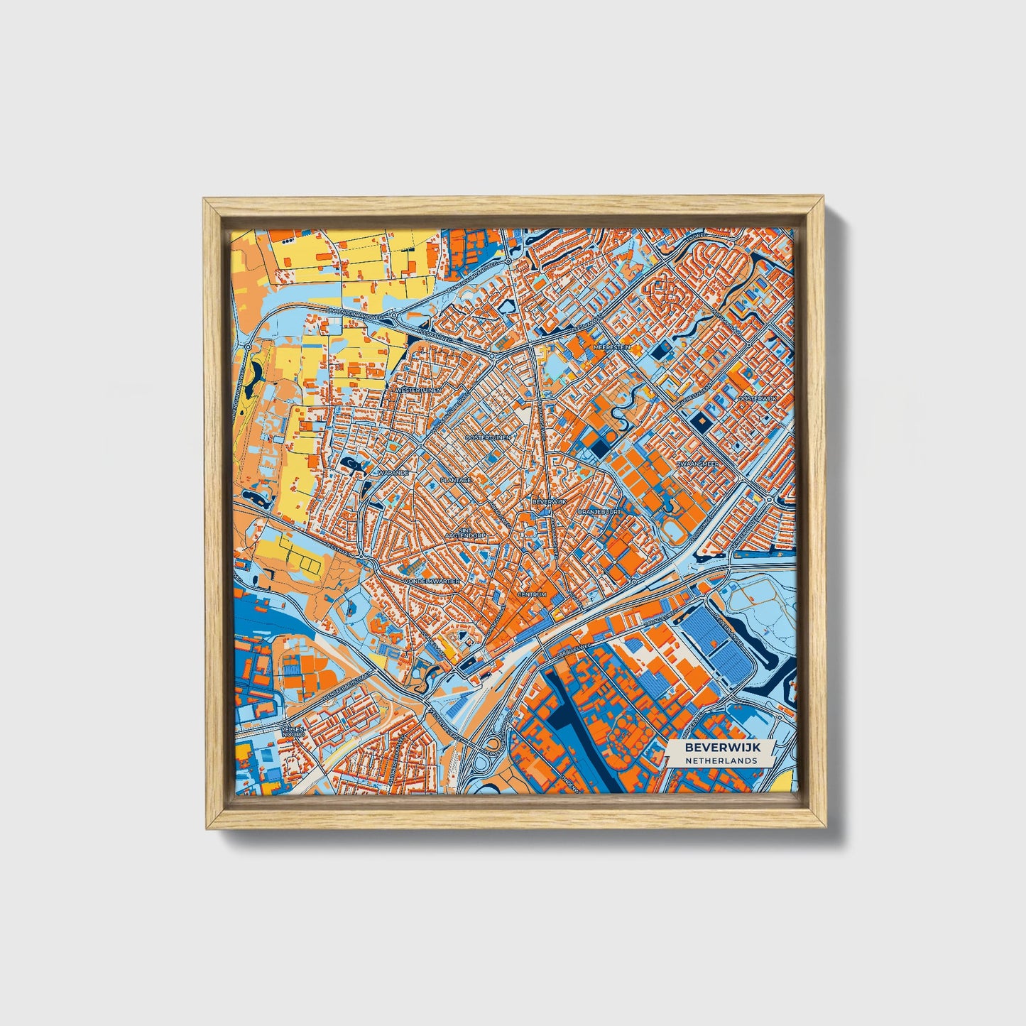 Beverwijk Netherlands Colorful City Map Canvas Print • Natural Wooden Framed