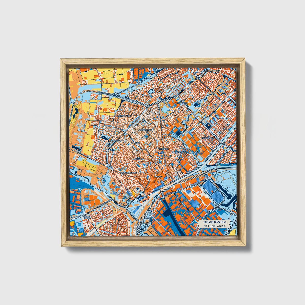 Beverwijk Netherlands Colorful City Map Canvas Print • Natural Wooden Framed