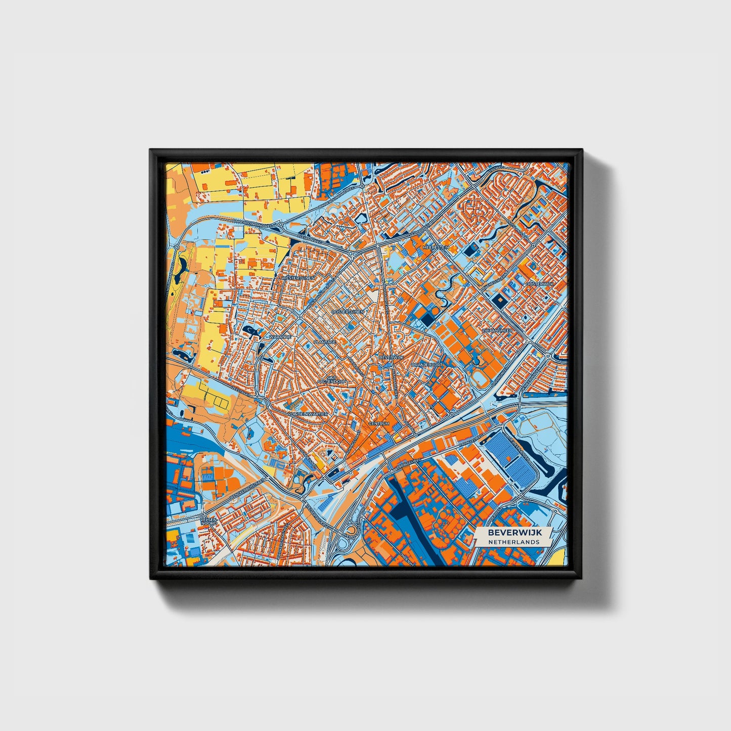 Beverwijk Netherlands Colorful City Map Canvas Print • Black Framed