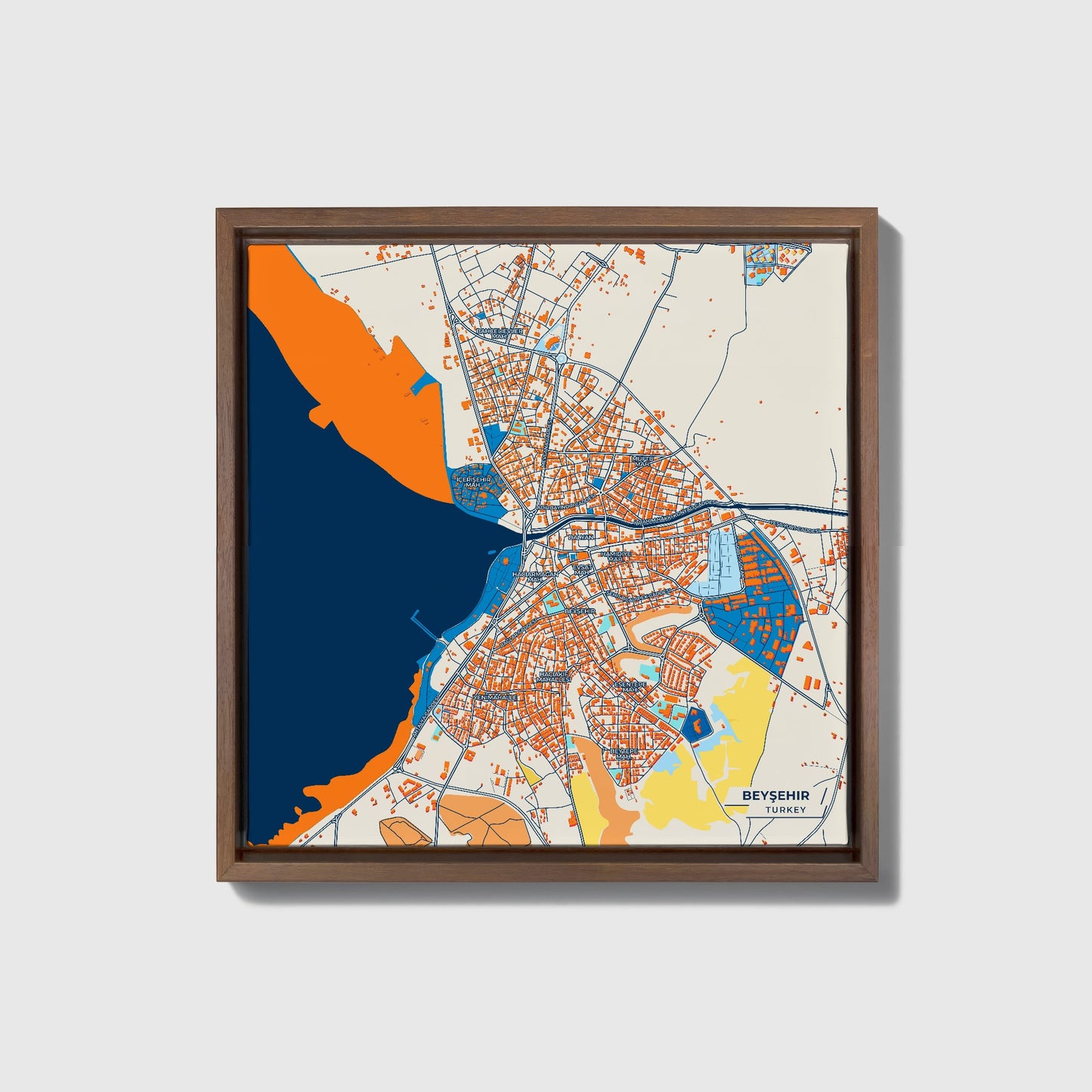 Beyşehir Turkey Colorful City Map Canvas Print • Dark Wooden Framed