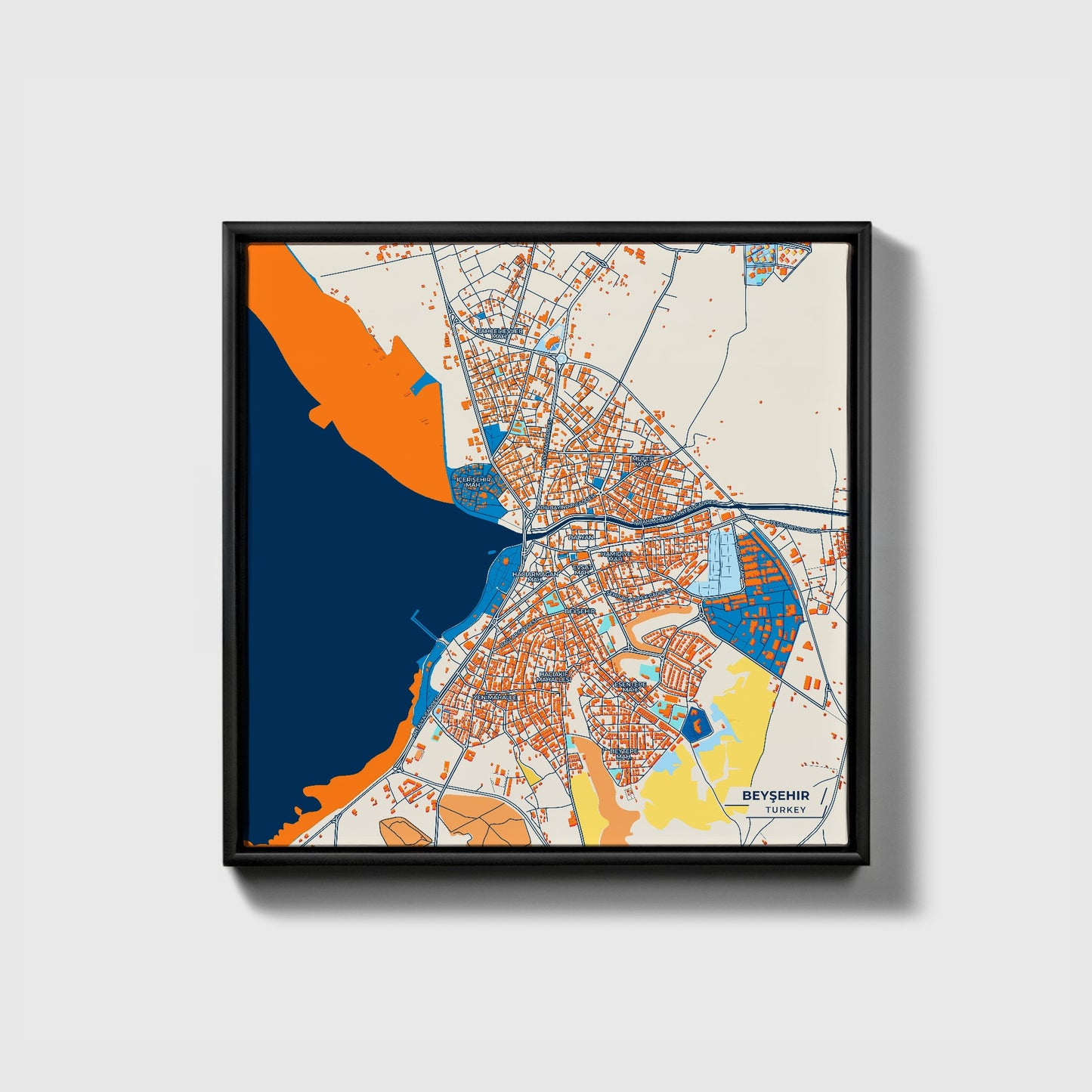 Beyşehir Turkey Colorful City Map Canvas Print • Black Framed