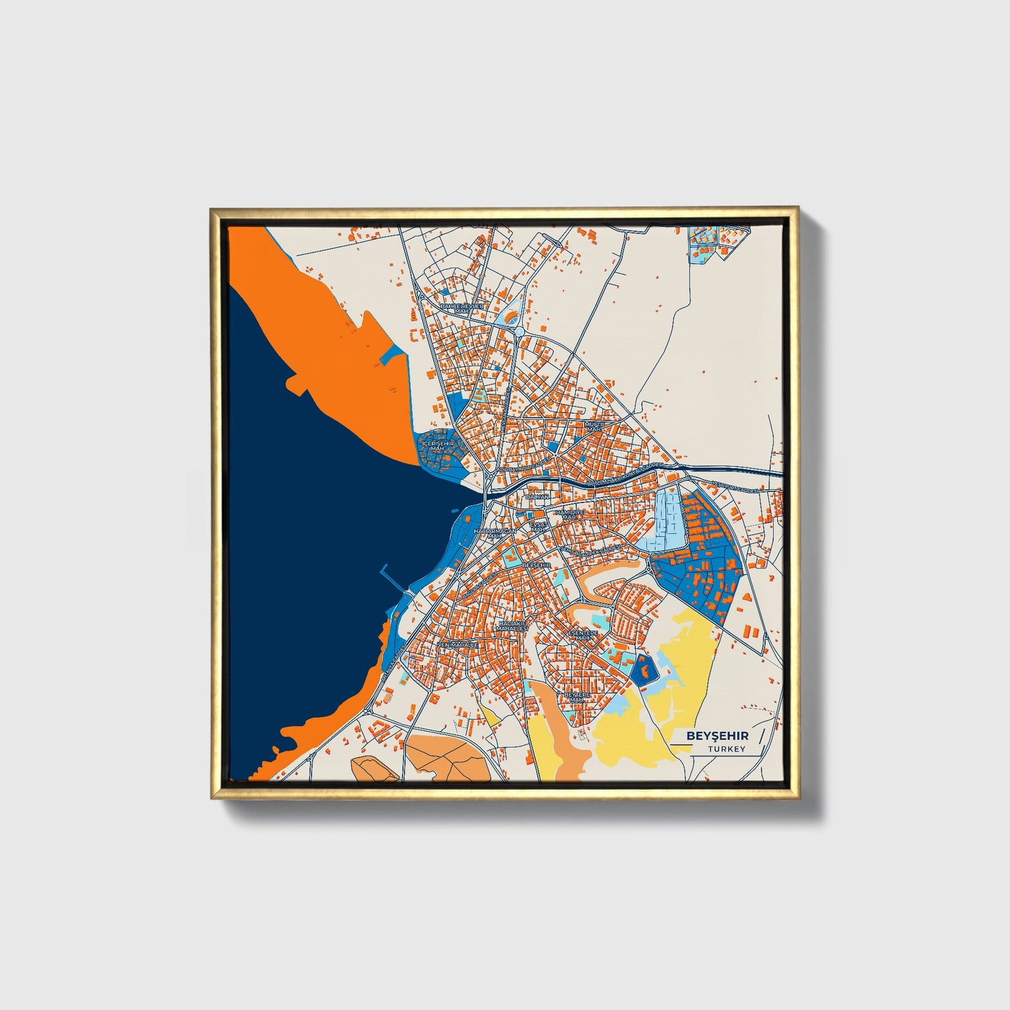 Beyşehir Turkey Colorful City Map Canvas Print • Gold Framed