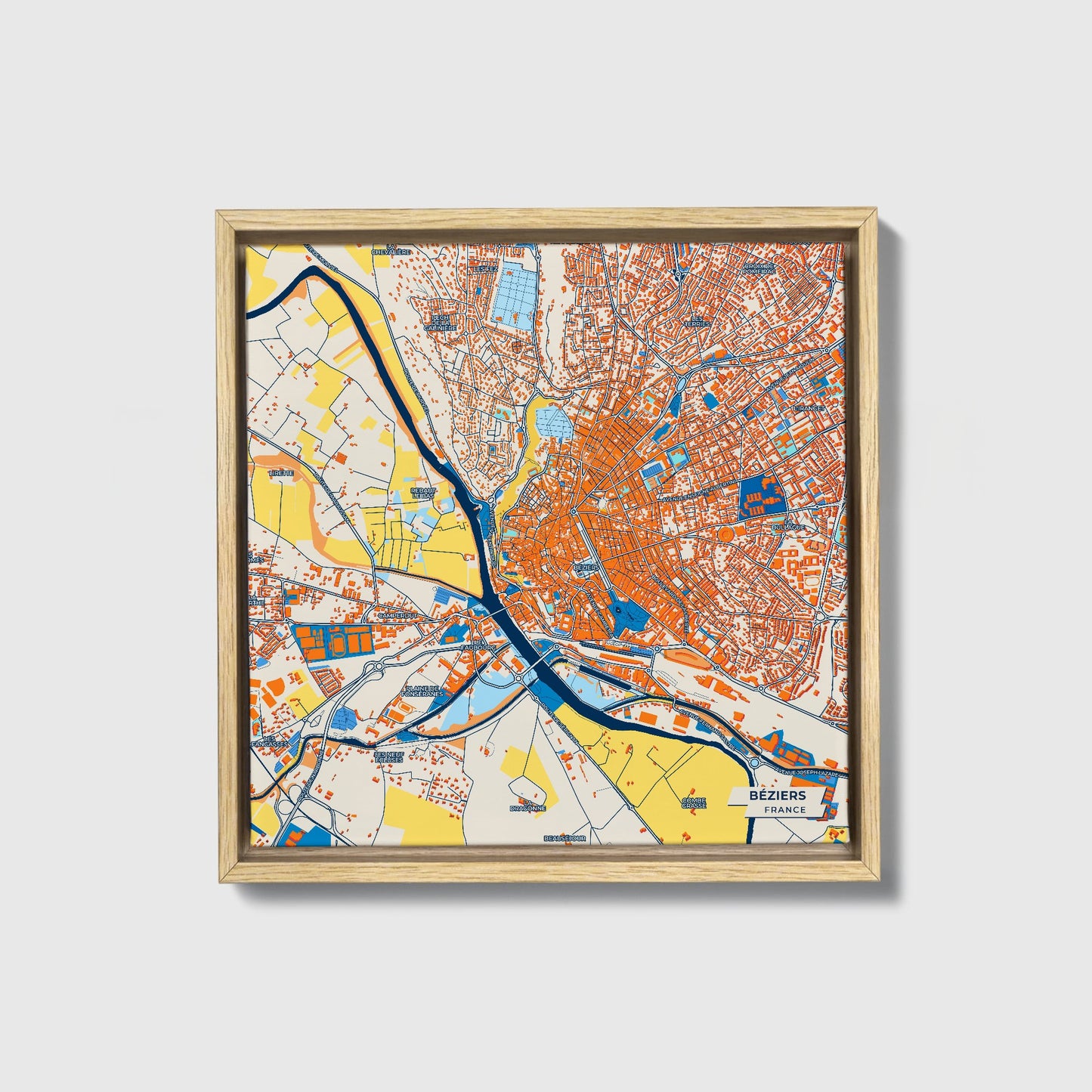 Béziers France Colorful City Map Canvas Print • Natural Wooden Framed