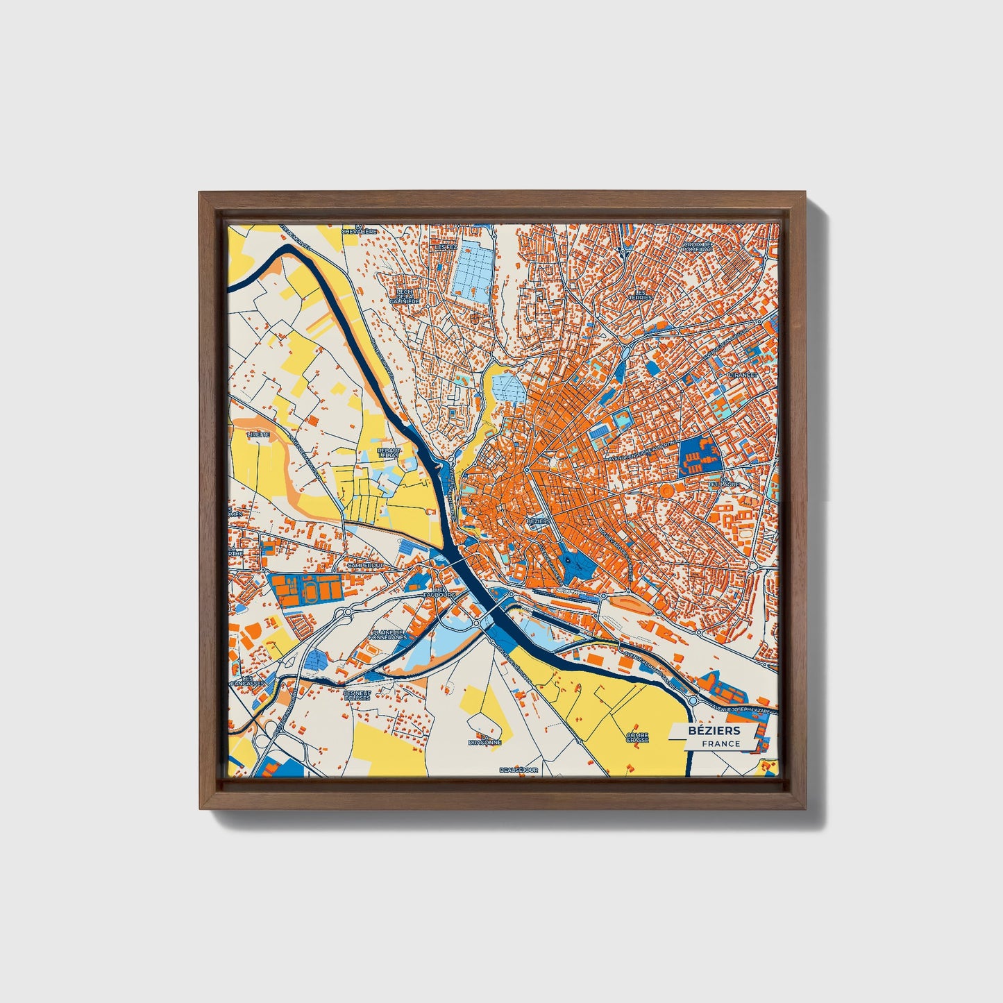Béziers France Colorful City Map Canvas Print • Dark Wooden Framed