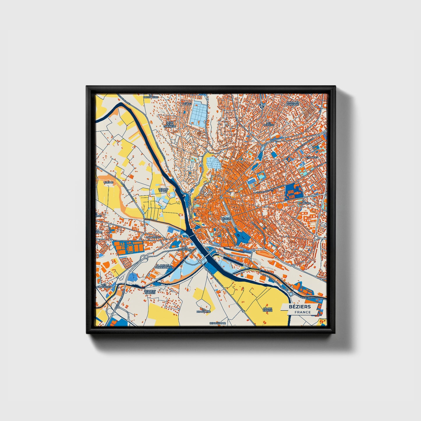 Béziers France Colorful City Map Canvas Print • Black Framed