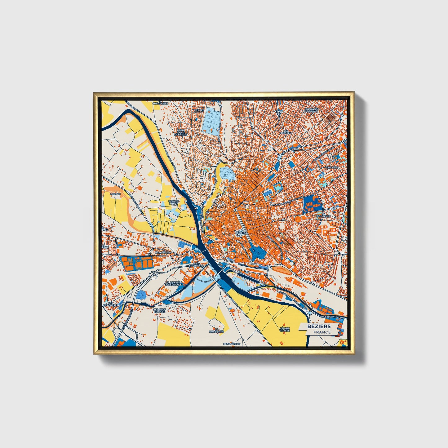 Béziers France Colorful City Map Canvas Print • Gold Framed