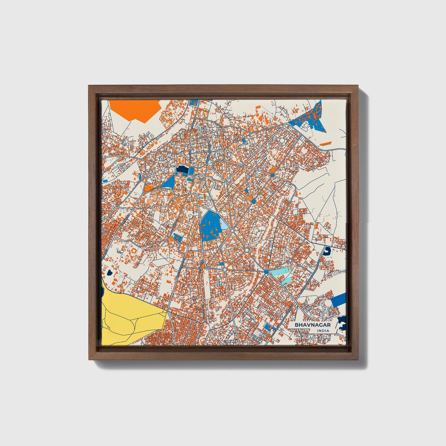 Bhavnagar India Colorful City Map Canvas Print • Dark Wooden Framed