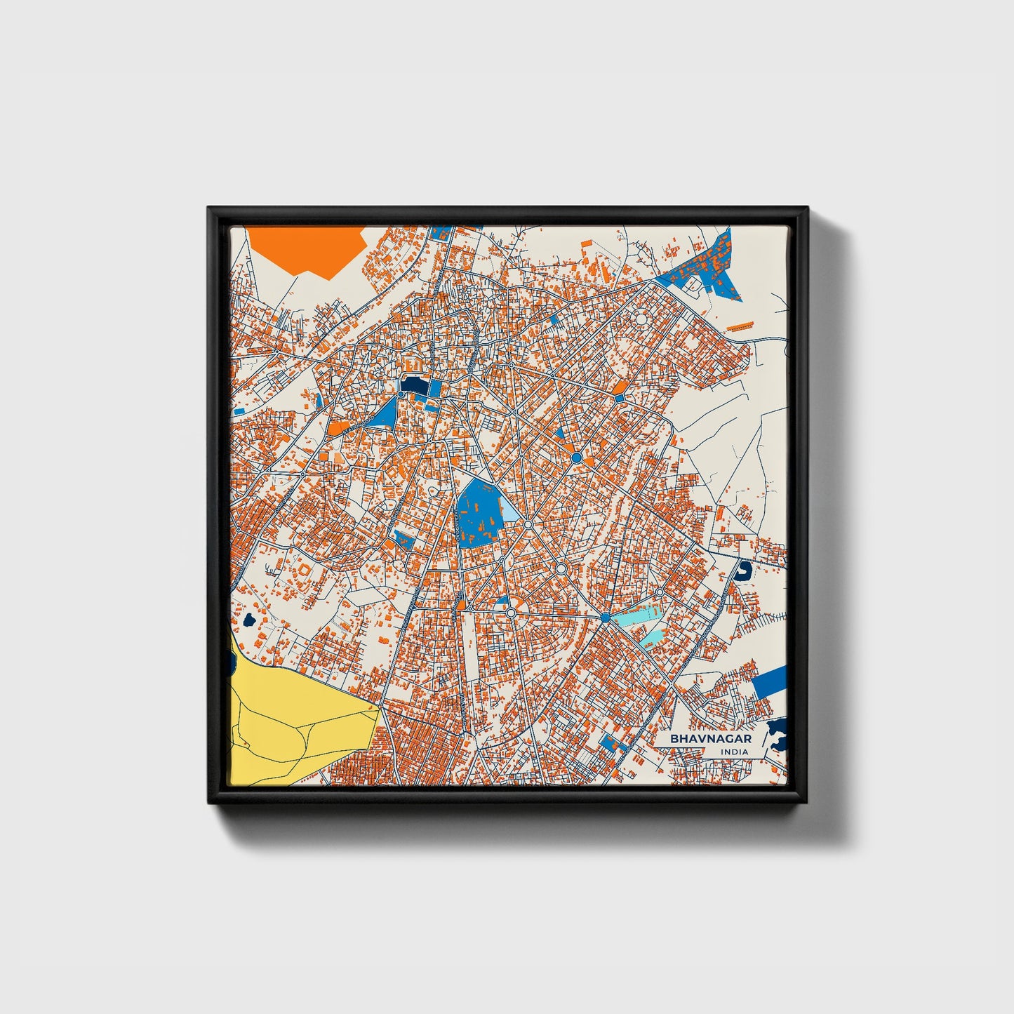 Bhavnagar India Colorful City Map Canvas Print • Black Framed