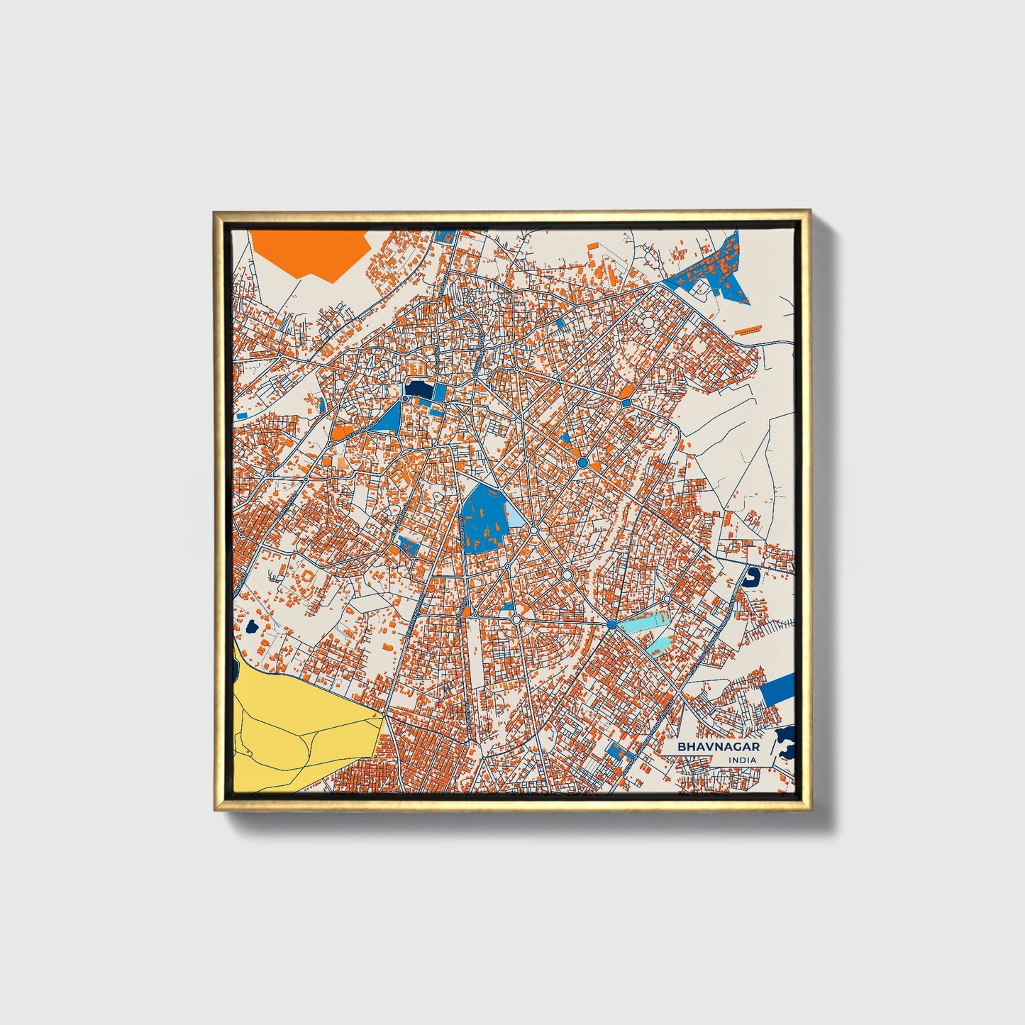 Bhavnagar India Colorful City Map Canvas Print • Gold Framed