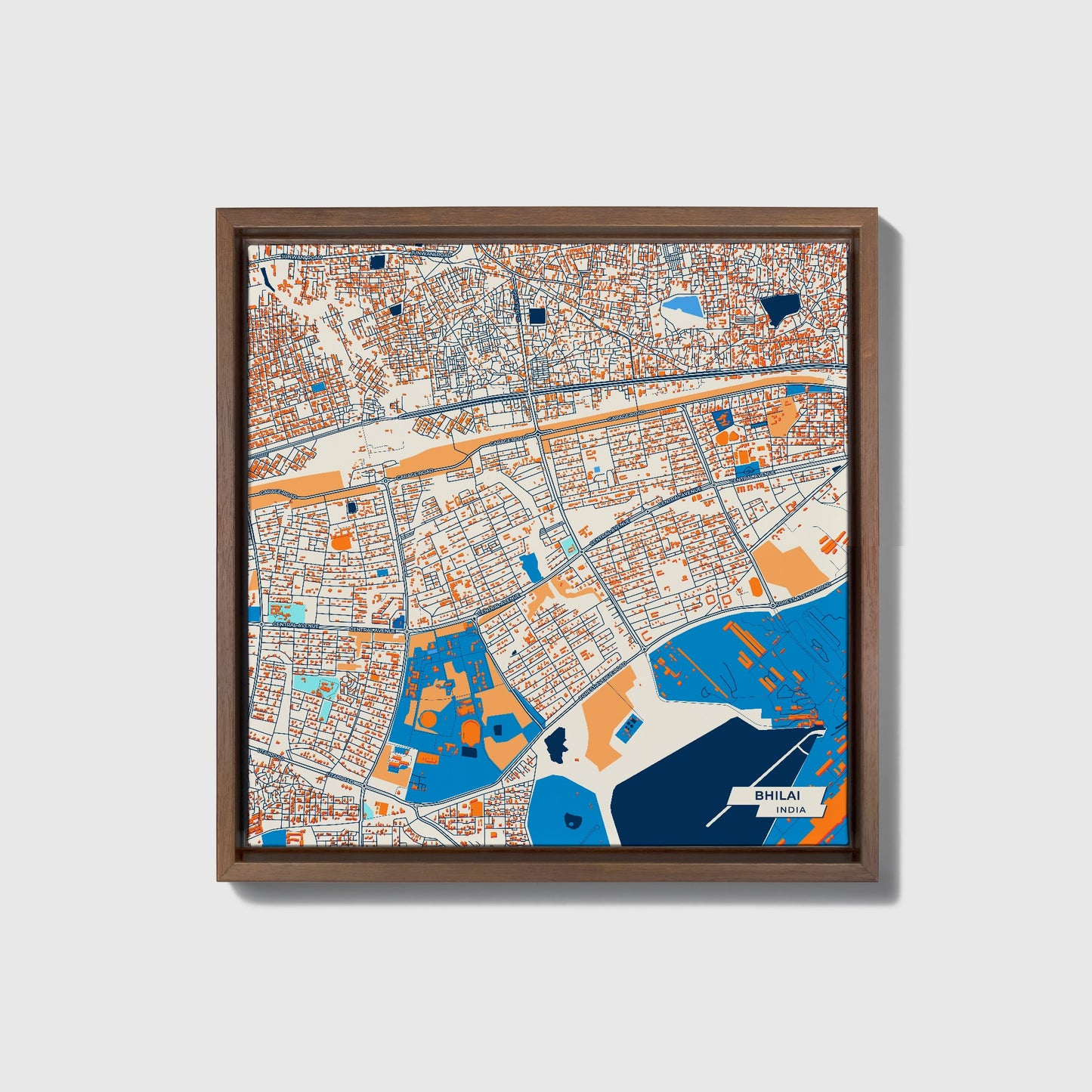 Bhilai India Colorful City Map Canvas Print • Dark Wooden Framed