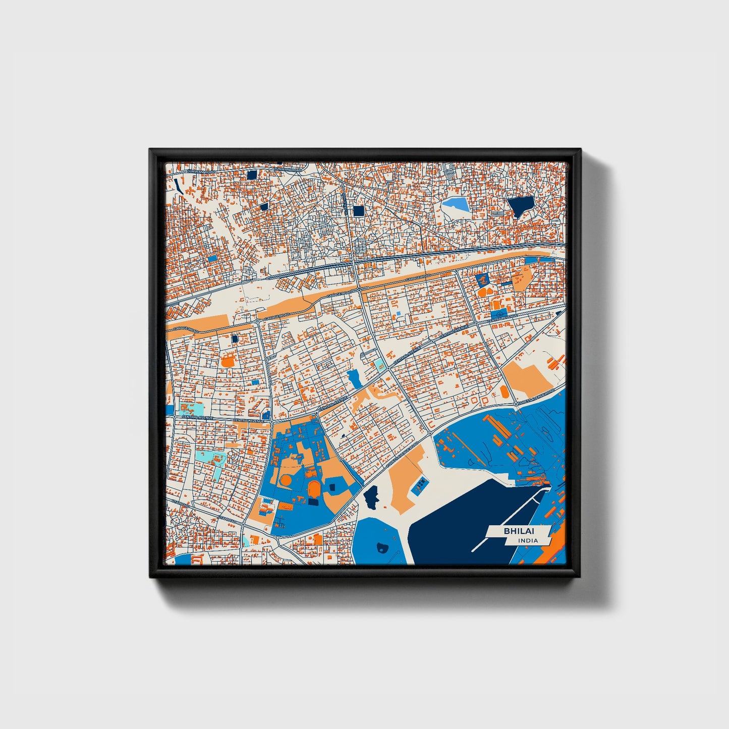Bhilai India Colorful City Map Canvas Print • Black Framed
