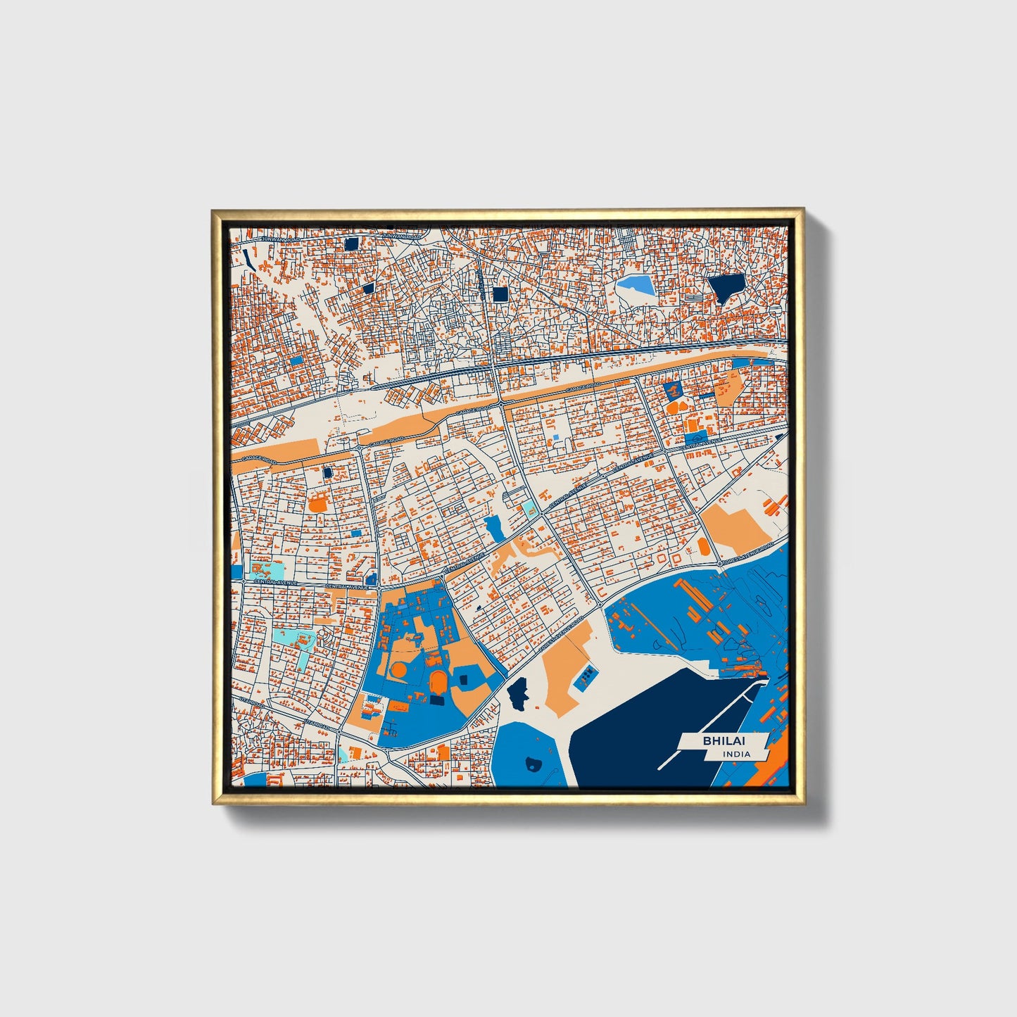 Bhilai India Colorful City Map Canvas Print • Gold Framed
