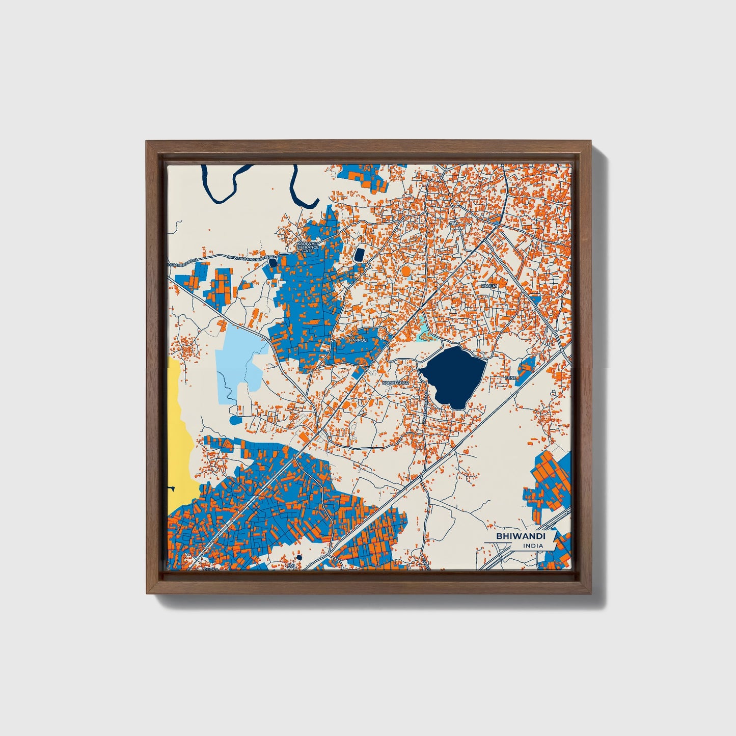 Bhiwandi India Colorful City Map Canvas Print • Dark Wooden Framed