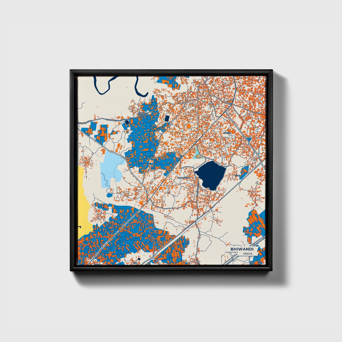 Bhiwandi India Colorful City Map Canvas Print • Black Framed