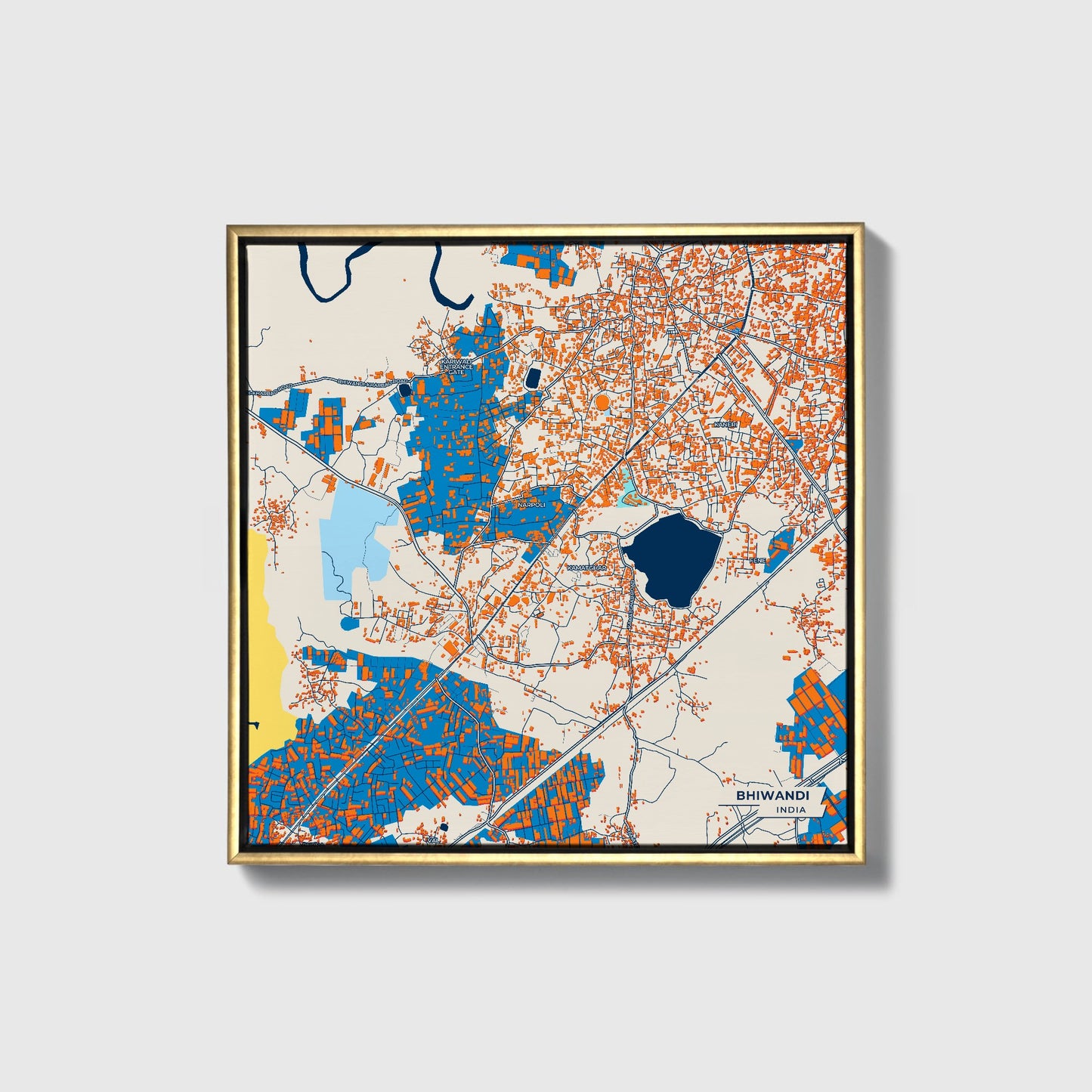 Bhiwandi India Colorful City Map Canvas Print • Gold Framed