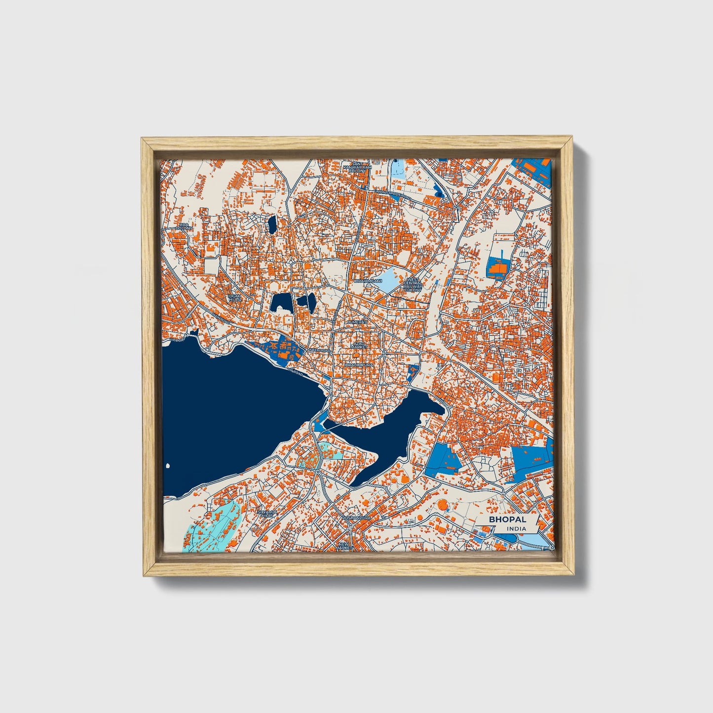 Bhopal India Colorful City Map Canvas Print • Natural Wooden Framed