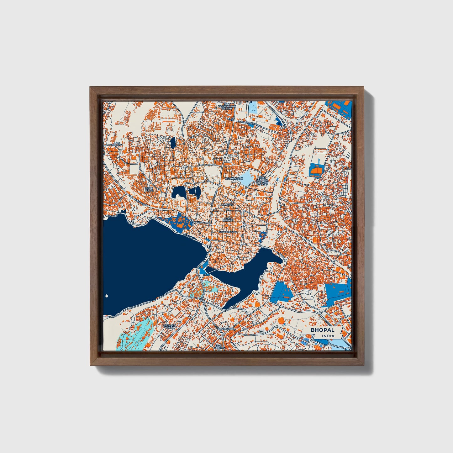 Bhopal India Colorful City Map Canvas Print • Dark Wooden Framed