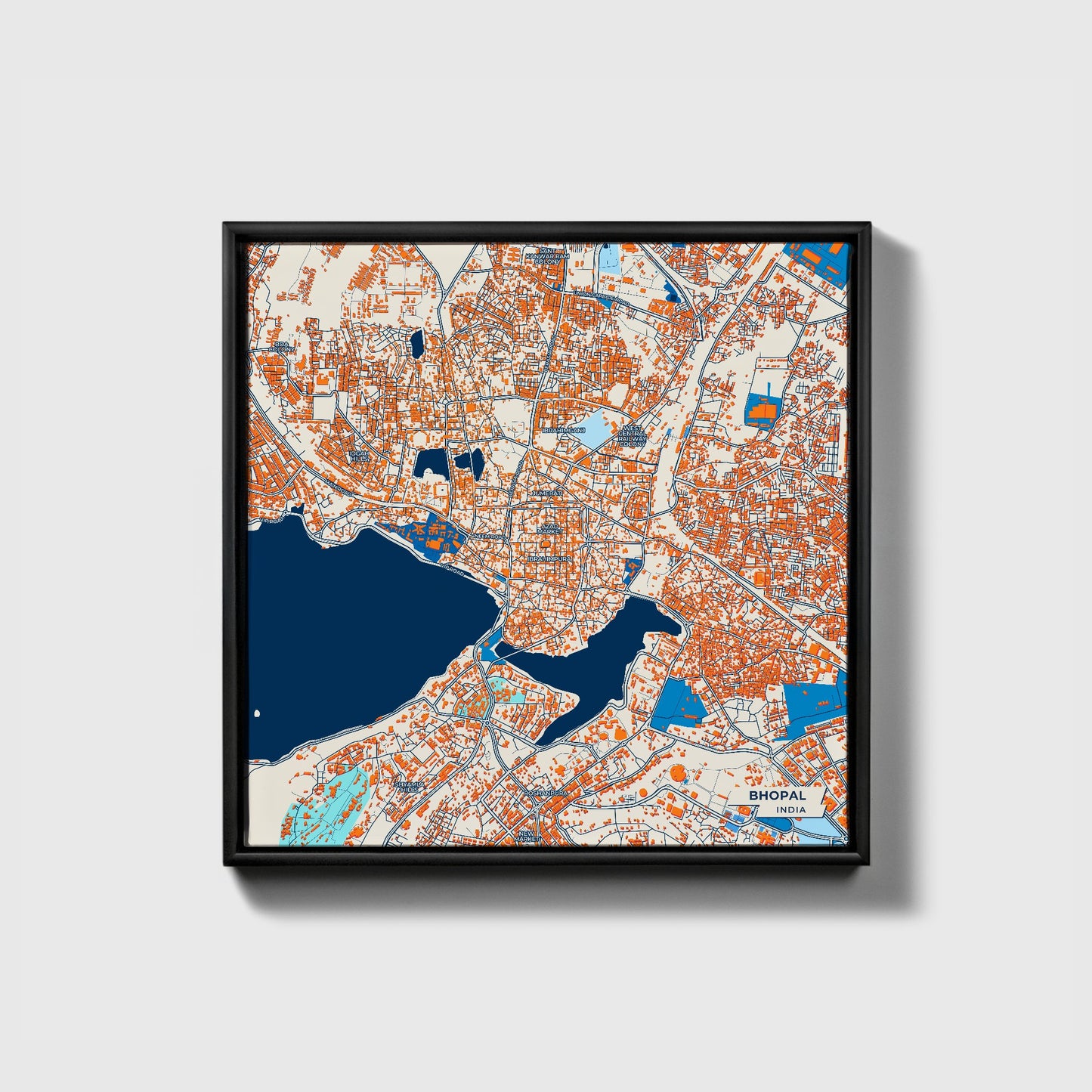Bhopal India Colorful City Map Canvas Print • Black Framed