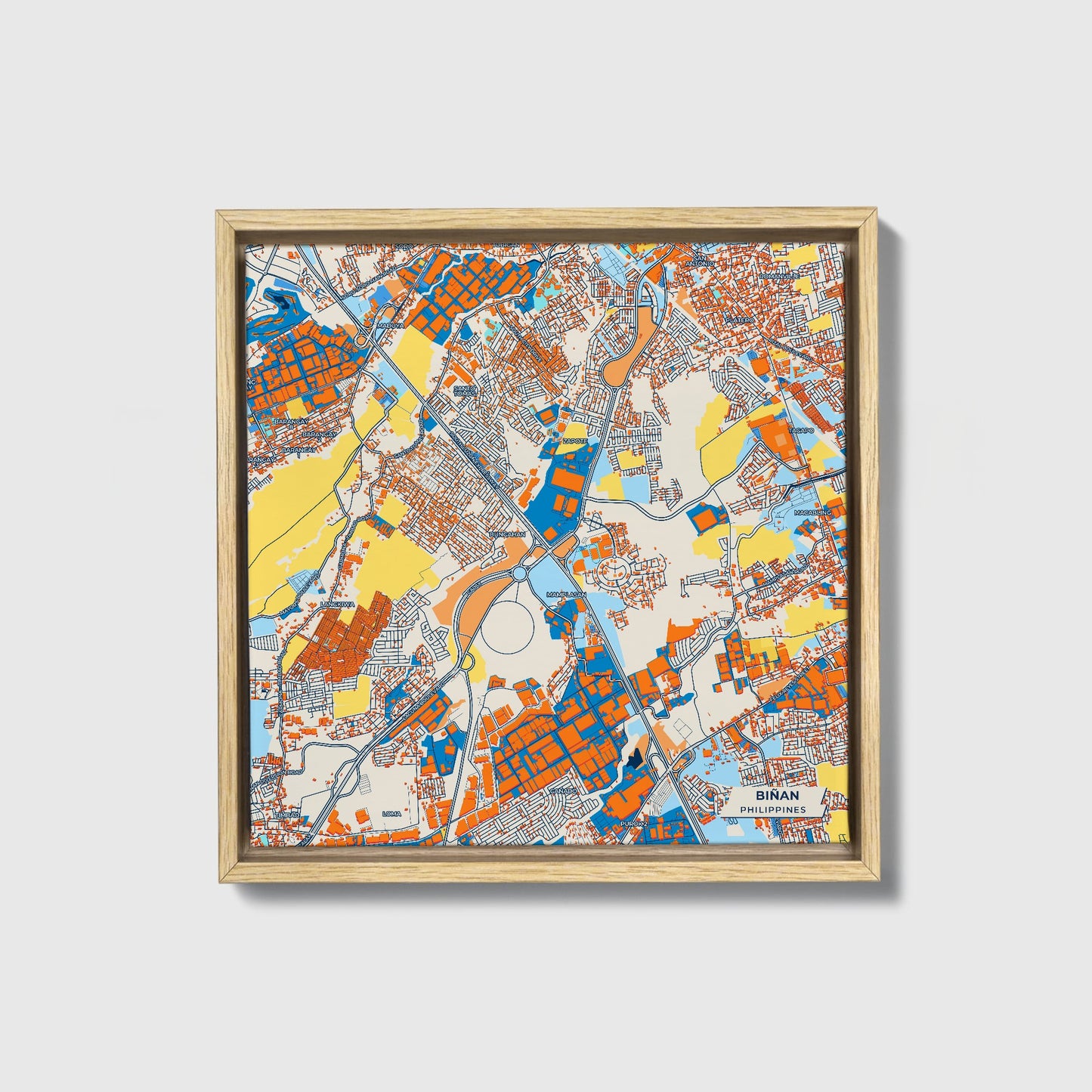 Biñan Philippines Colorful City Map Canvas Print • Natural Wooden Framed
