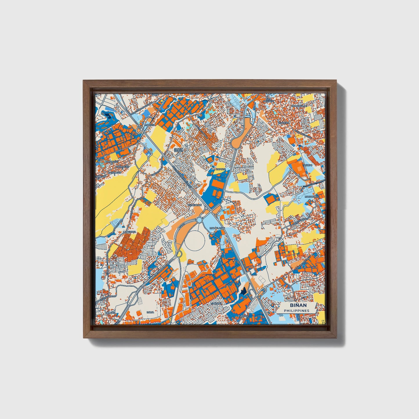 Biñan Philippines Colorful City Map Canvas Print • Dark Wooden Framed