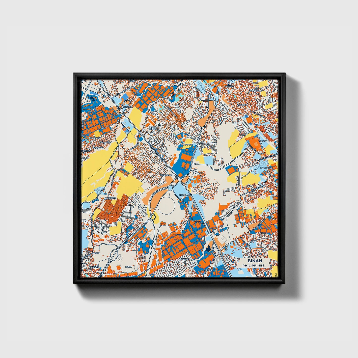 Biñan Philippines Colorful City Map Canvas Print • Black Framed