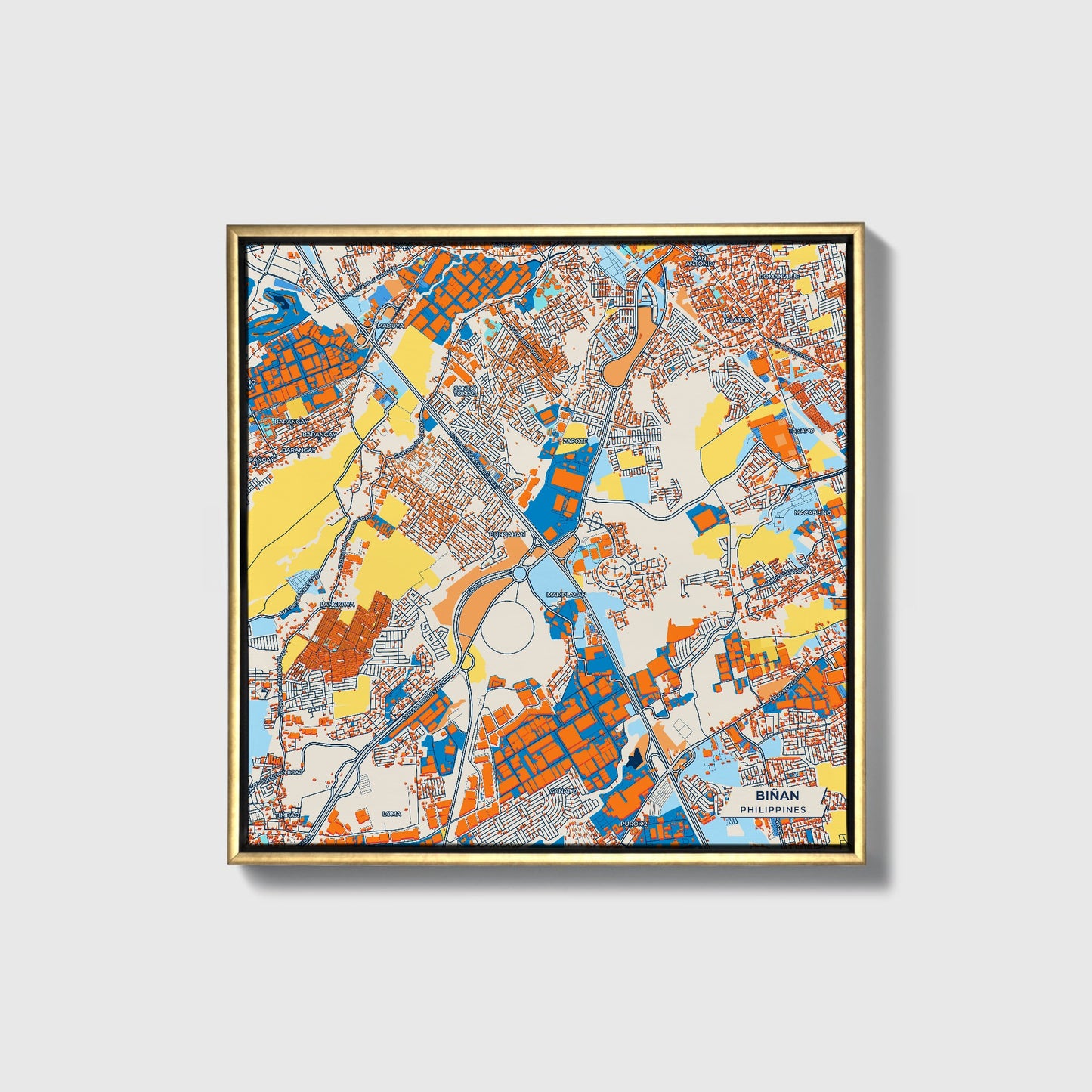 Biñan Philippines Colorful City Map Canvas Print • Gold Framed