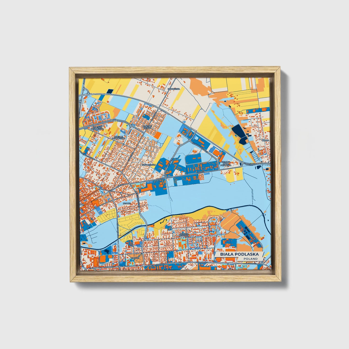 Biała Podlaska Poland Colorful City Map Canvas Print • Natural Wooden Framed