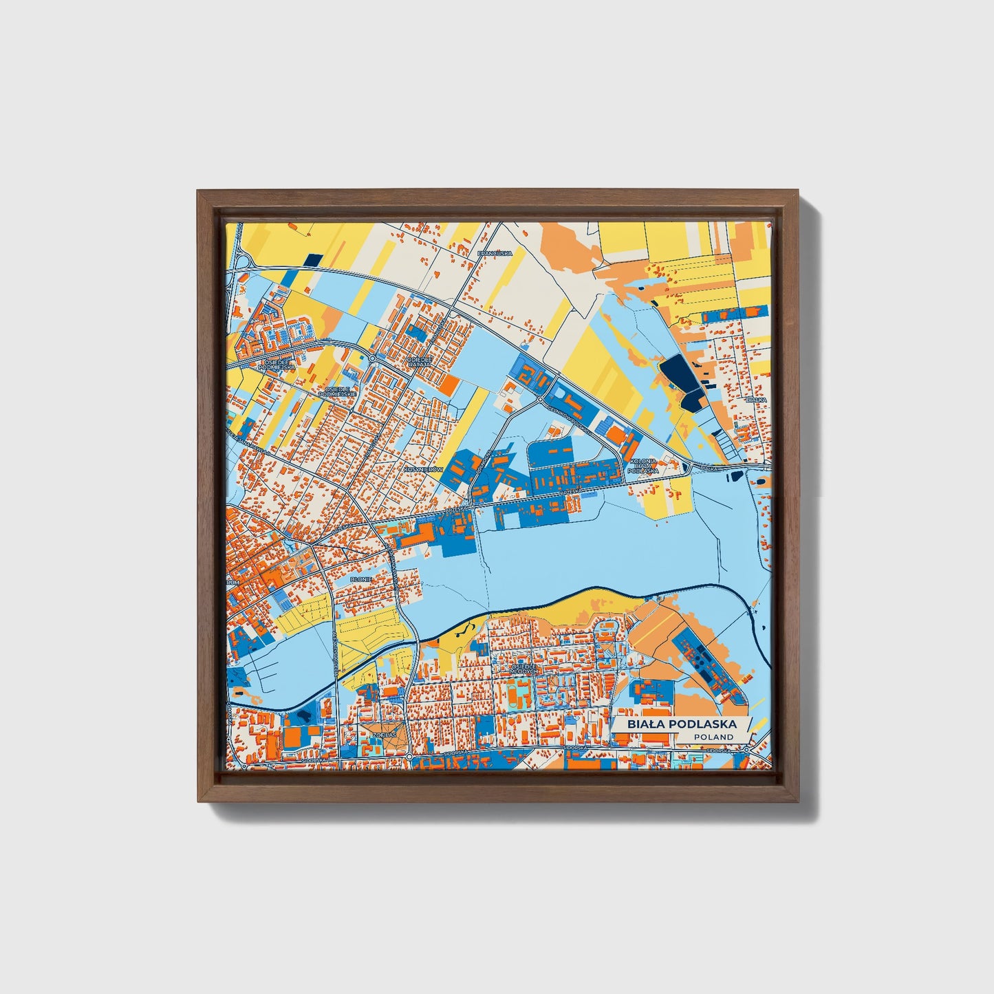 Biała Podlaska Poland Colorful City Map Canvas Print • Dark Wooden Framed