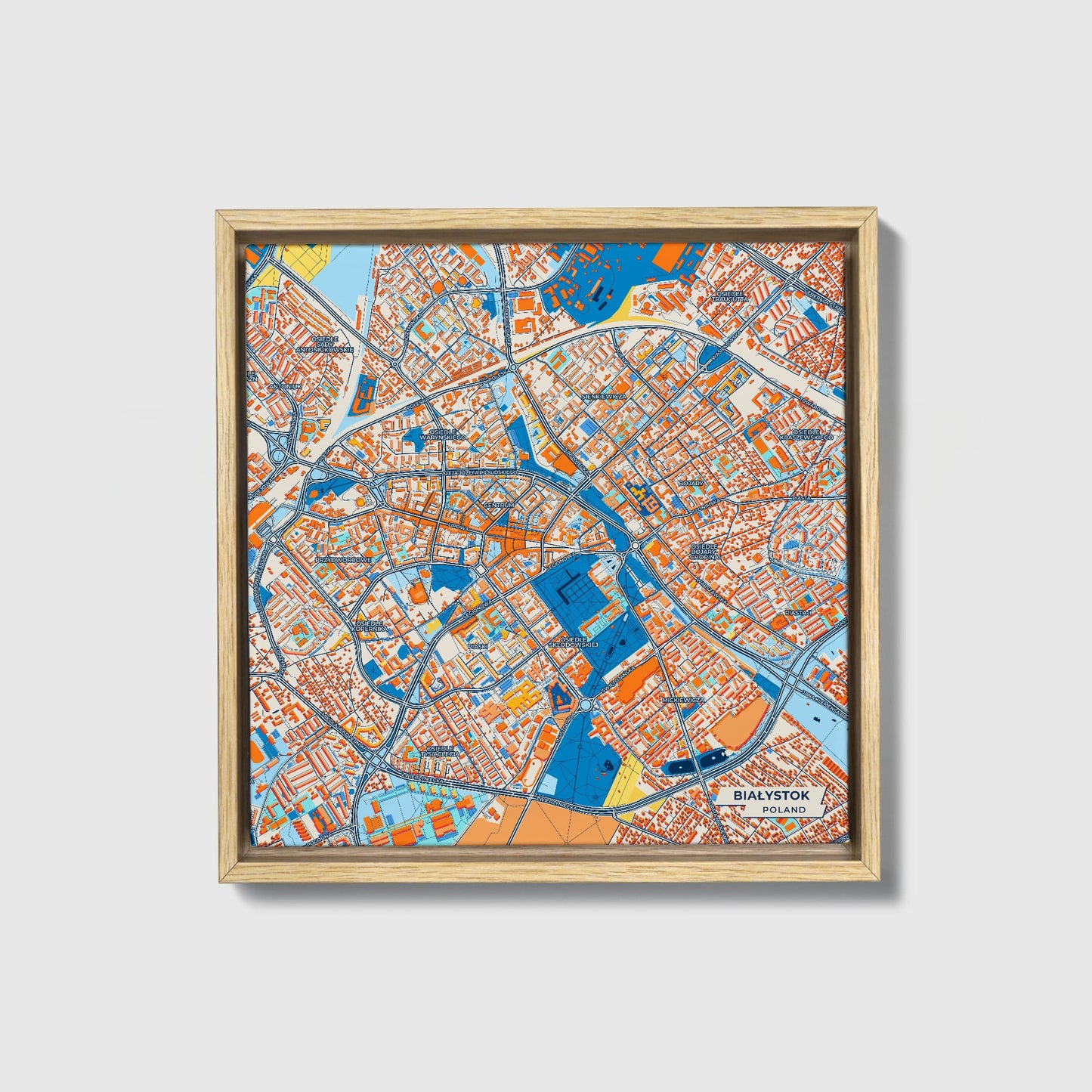Białystok Poland Colorful City Map Canvas Print • Natural Wooden Framed