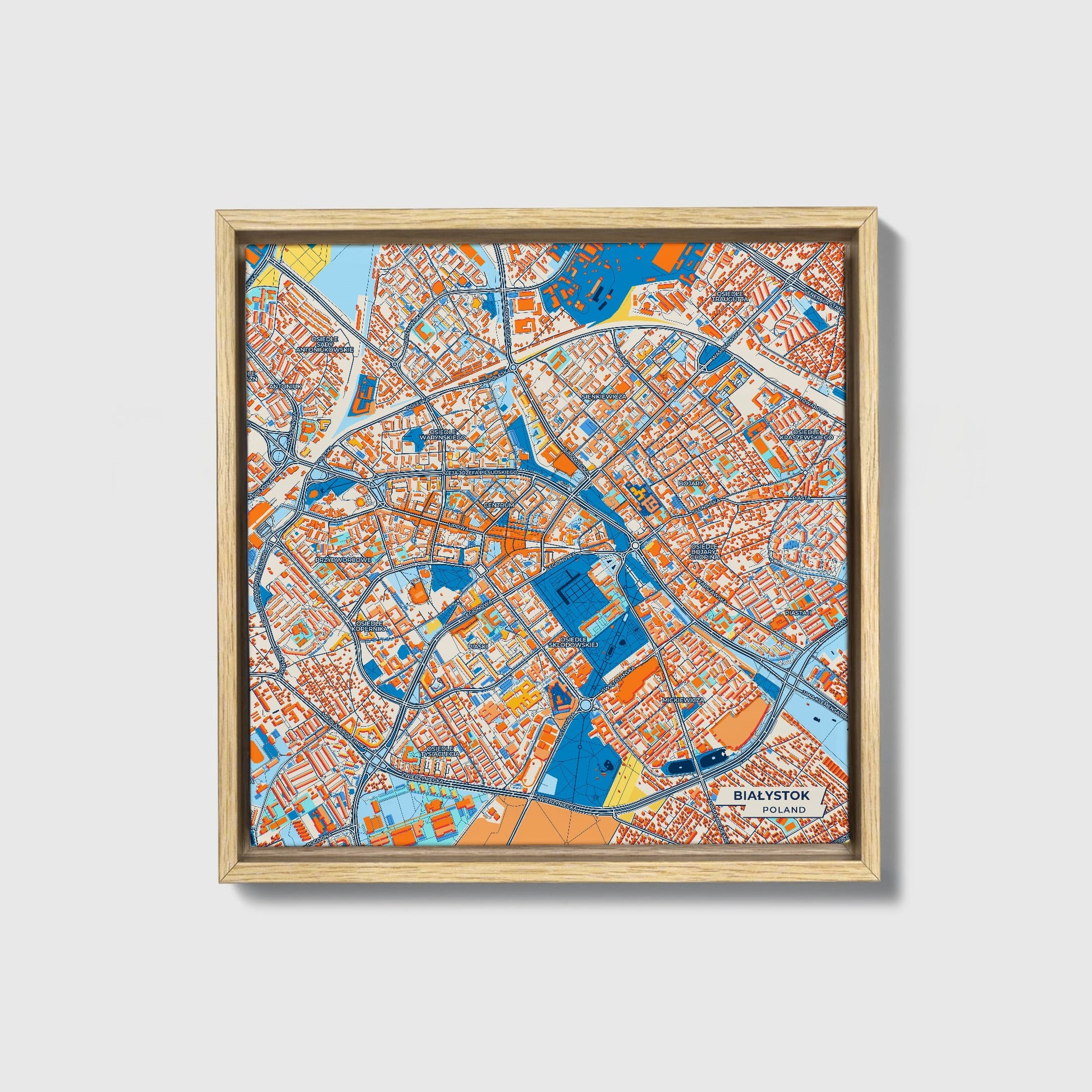 Białystok Poland Colorful City Map Canvas Print • Natural Wooden Framed