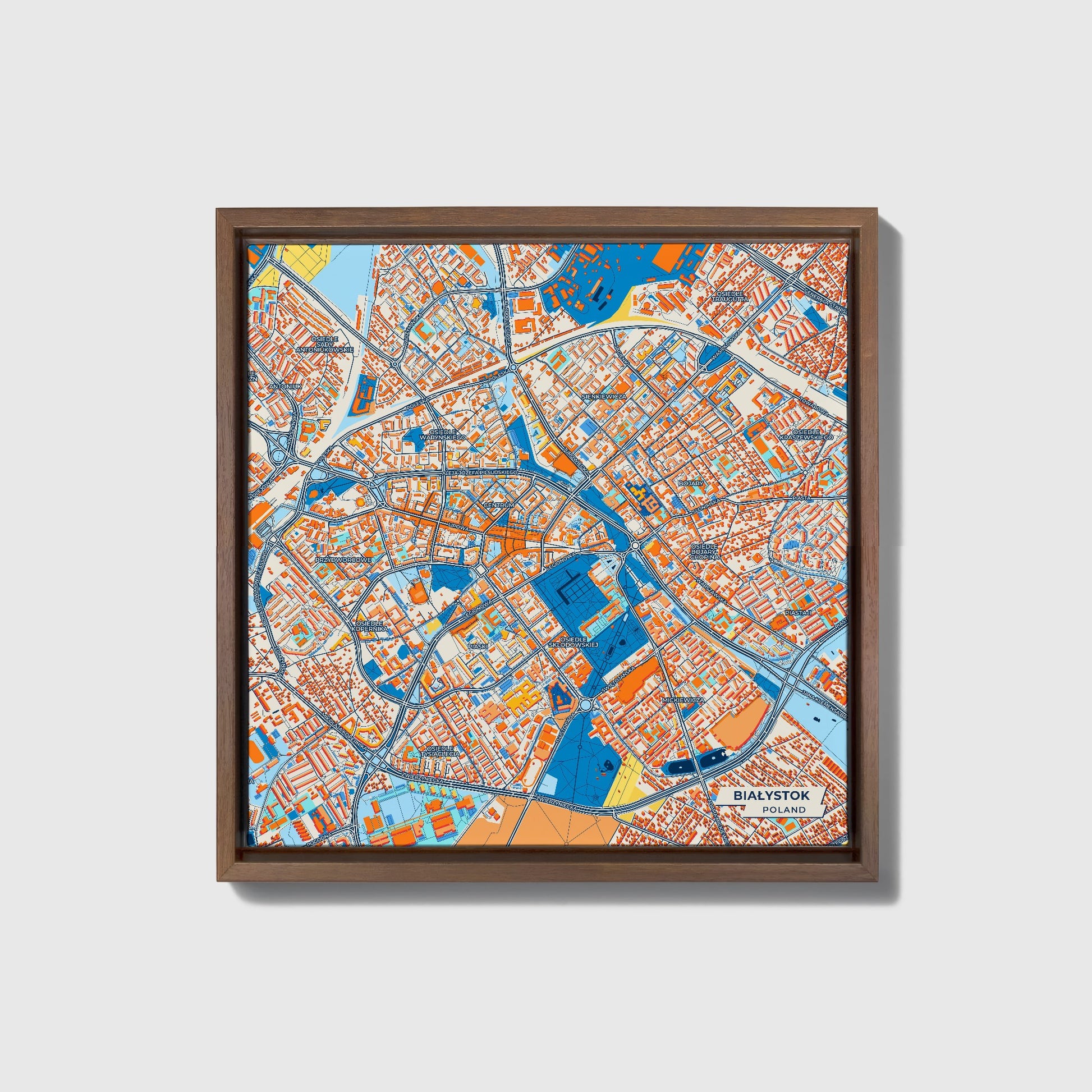 Białystok Poland Colorful City Map Canvas Print • Dark Wooden Framed