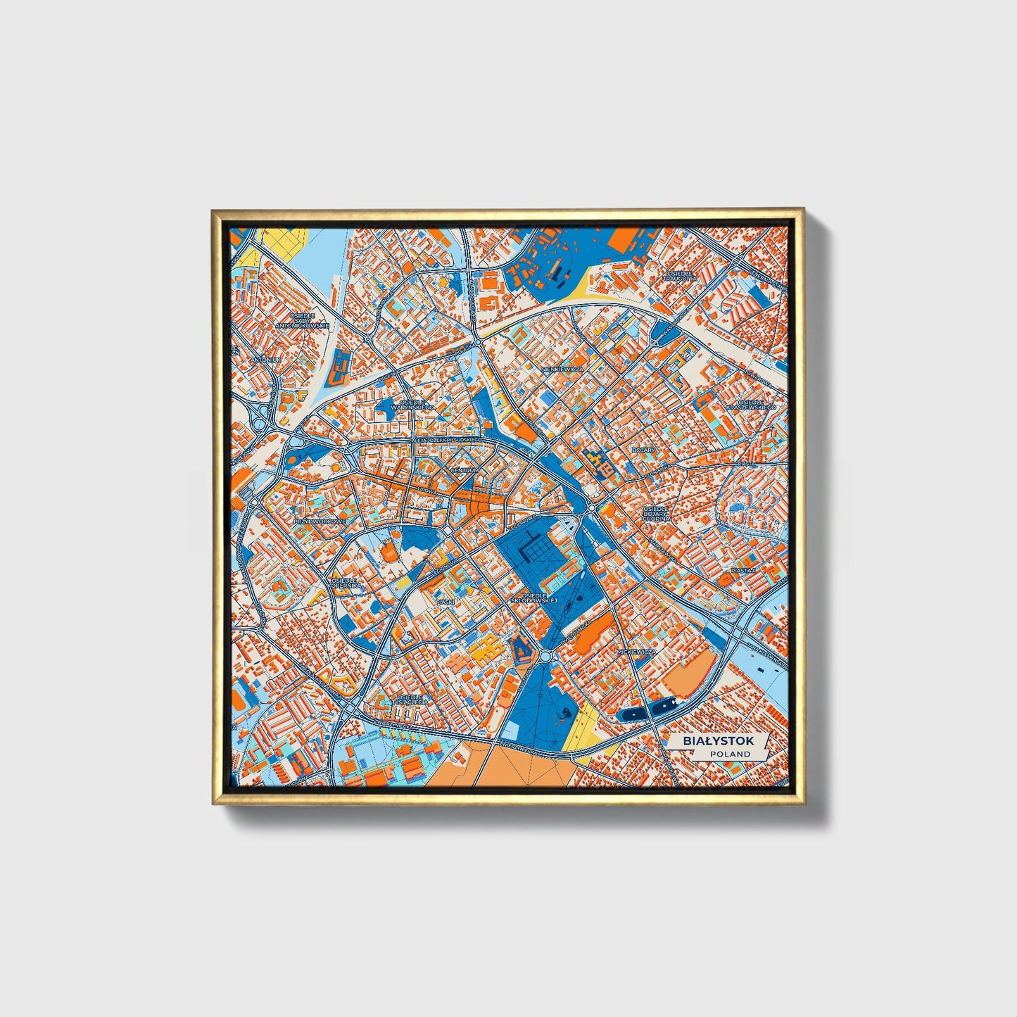 Białystok Poland Colorful City Map Canvas Print • Gold Framed