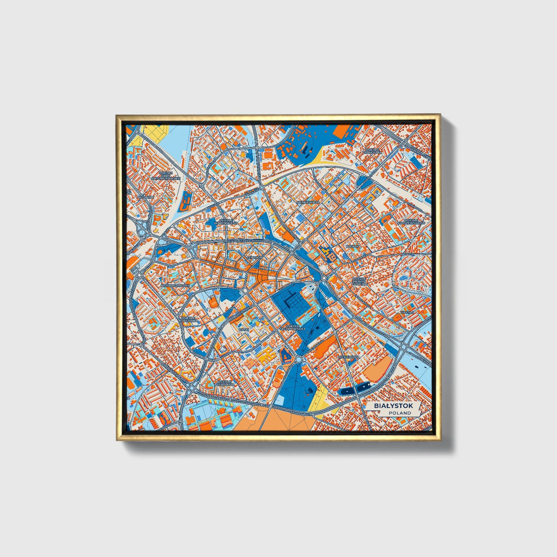Białystok Poland Colorful City Map Canvas Print • Gold Framed