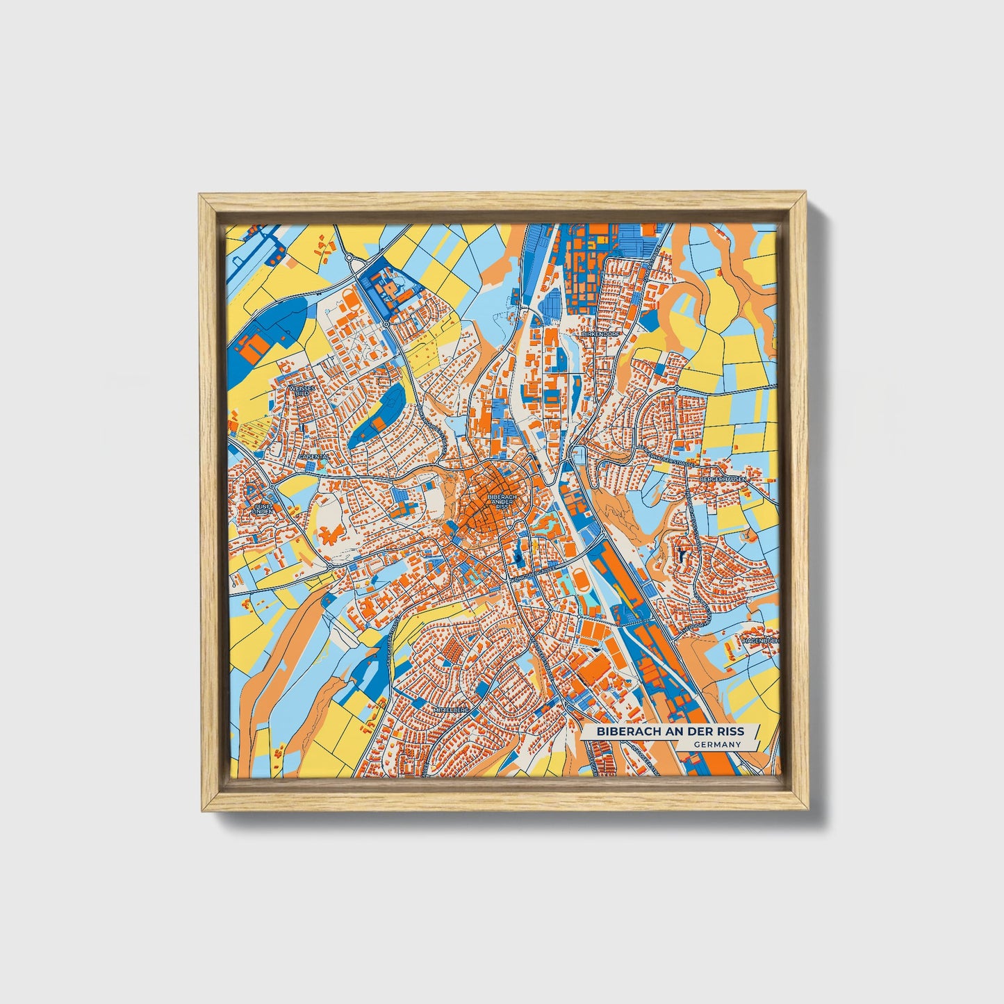 Biberach An Der Riss Germany Colorful City Map Canvas Print • Natural Wooden Framed