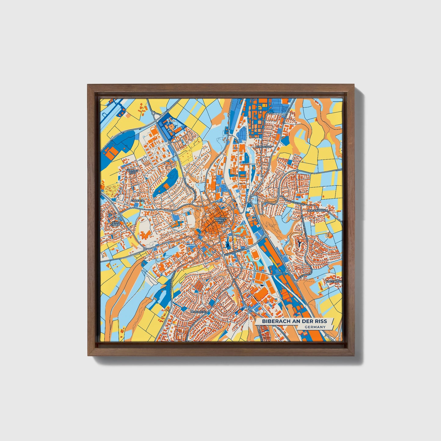 Biberach An Der Riss Germany Colorful City Map Canvas Print • Dark Wooden Framed