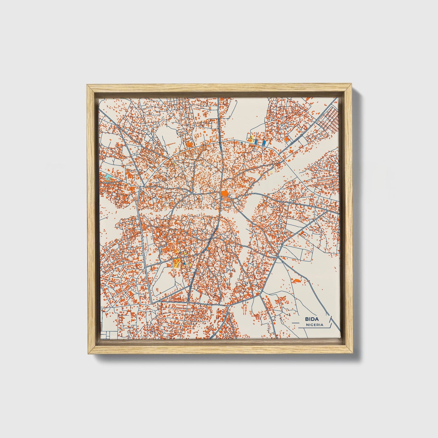 Bida Nigeria Colorful City Map Canvas Print • Natural Wooden Framed