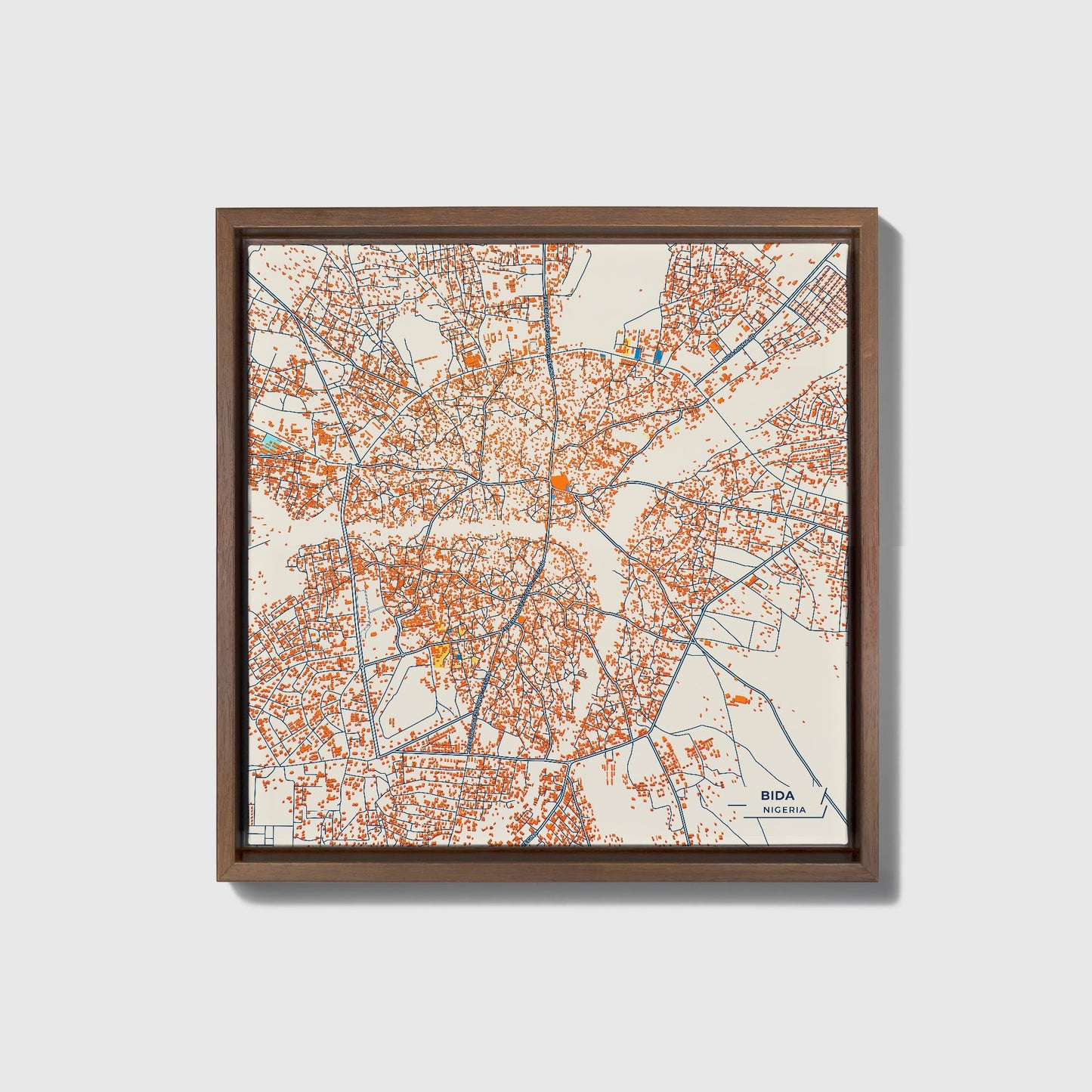 Bida Nigeria Colorful City Map Canvas Print • Dark Wooden Framed