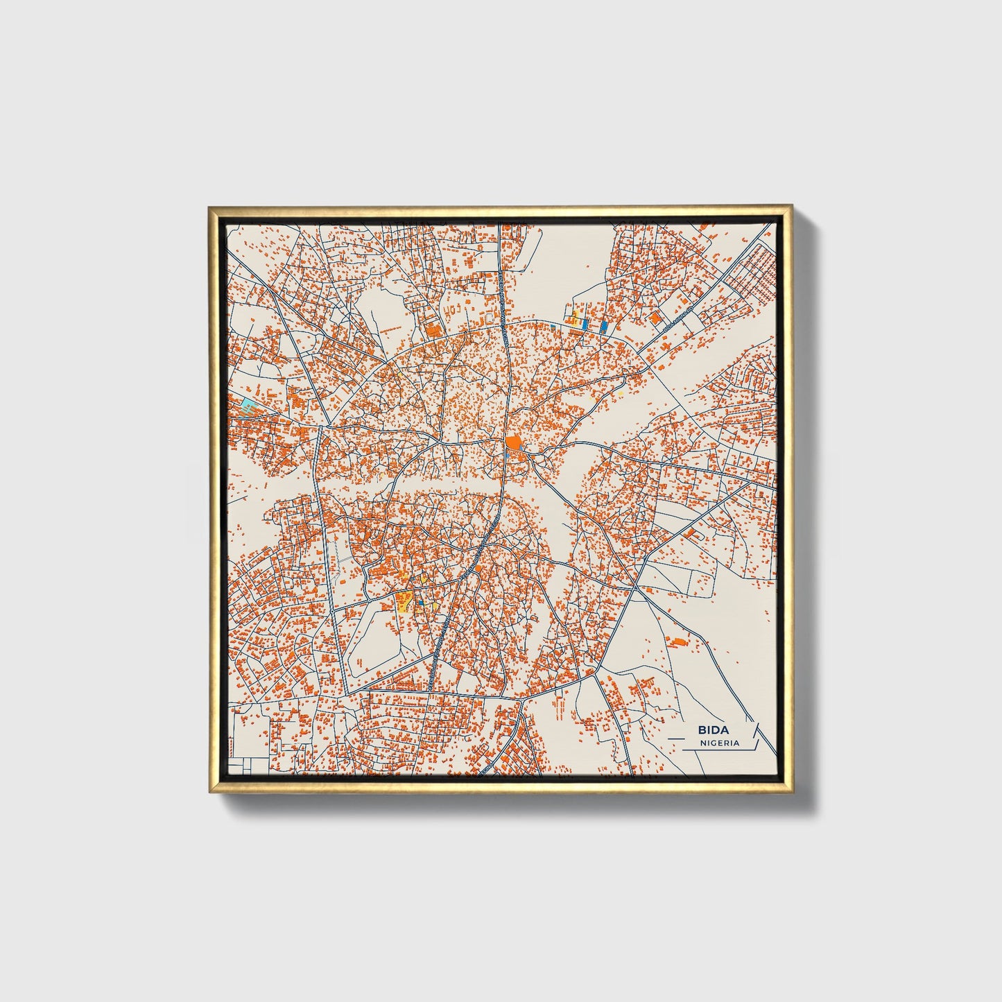 Bida Nigeria Colorful City Map Canvas Print • Gold Framed