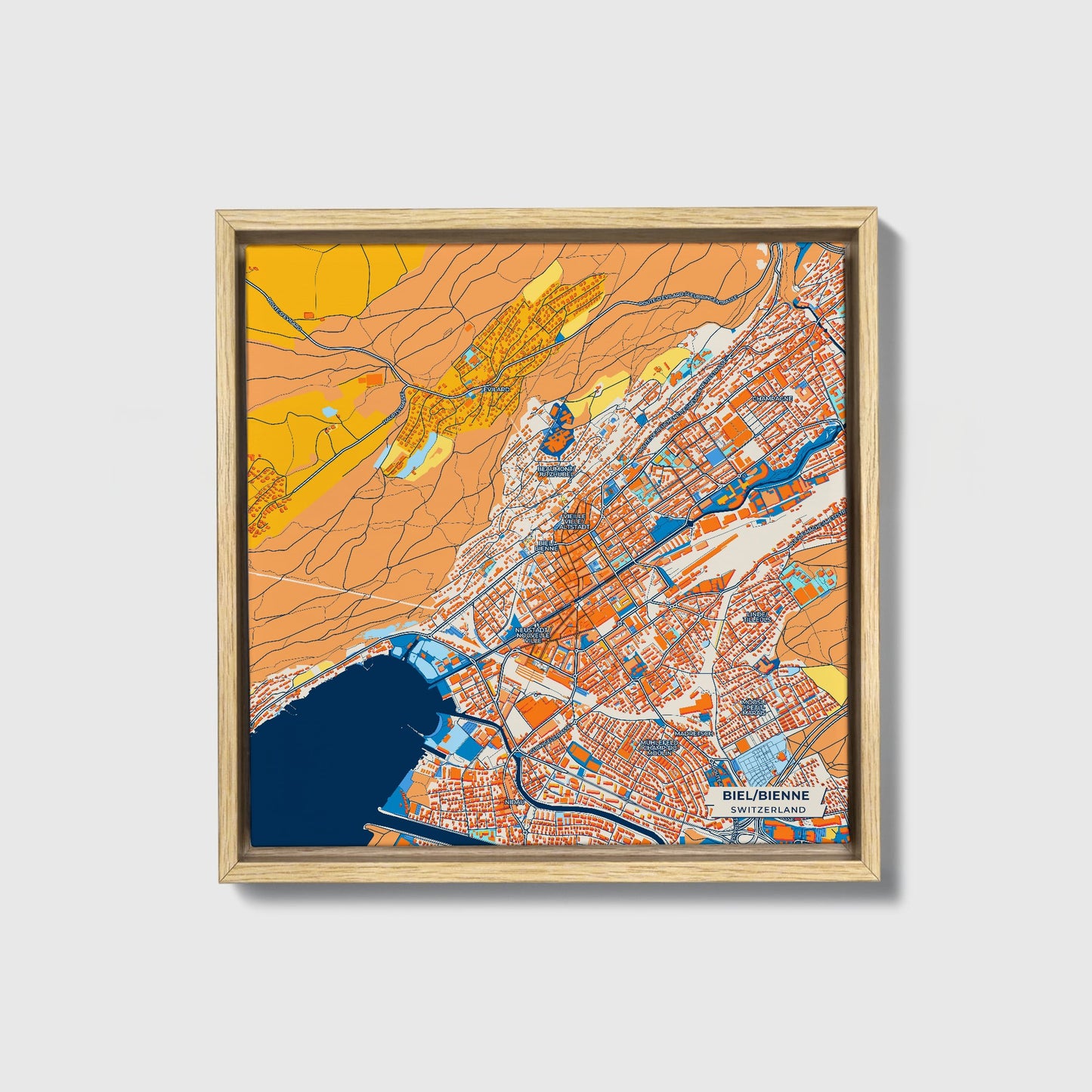 Biel/Bienne Switzerland Colorful City Map Canvas Print • Natural Wooden Framed