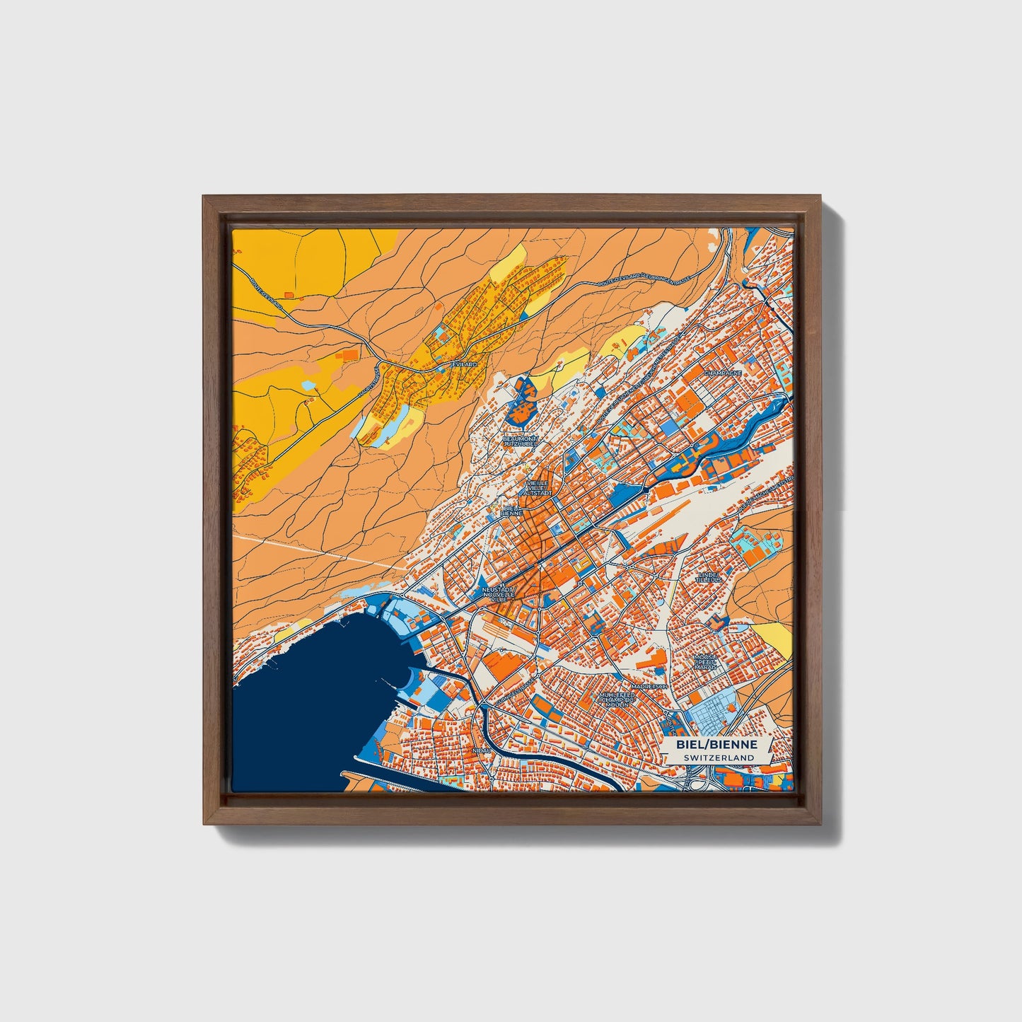 Biel/Bienne Switzerland Colorful City Map Canvas Print • Dark Wooden Framed