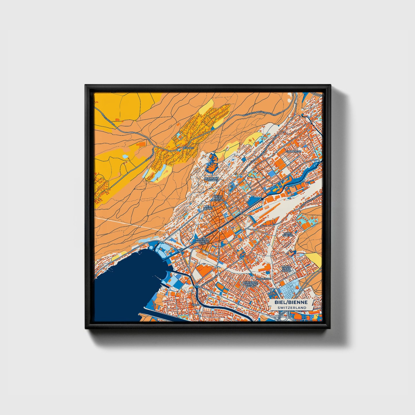 Biel/Bienne Switzerland Colorful City Map Canvas Print • Black Framed